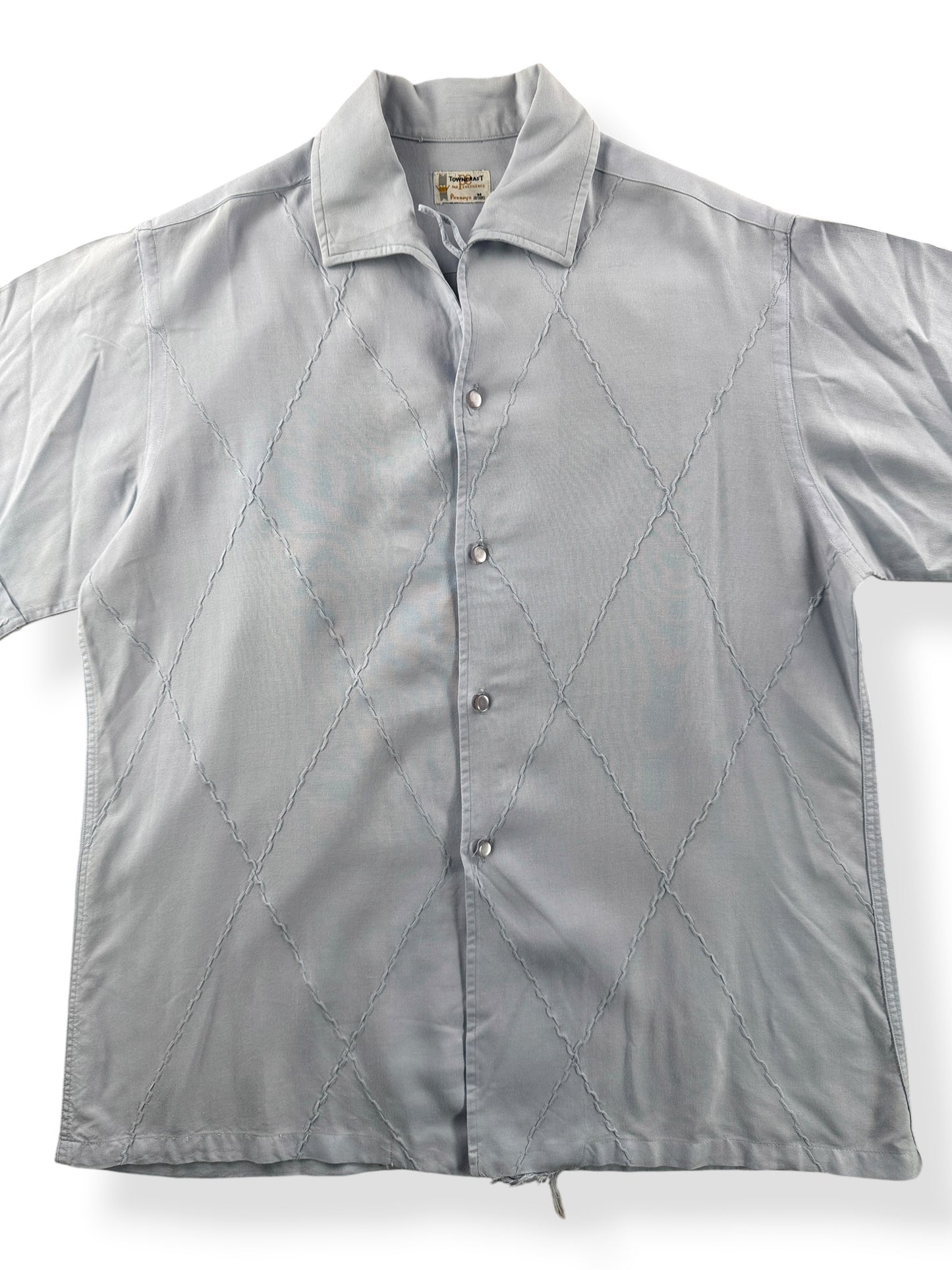 Close up of Vintage 1960s Towncraft Rayon Blend Loop Collar Shirt SZ M