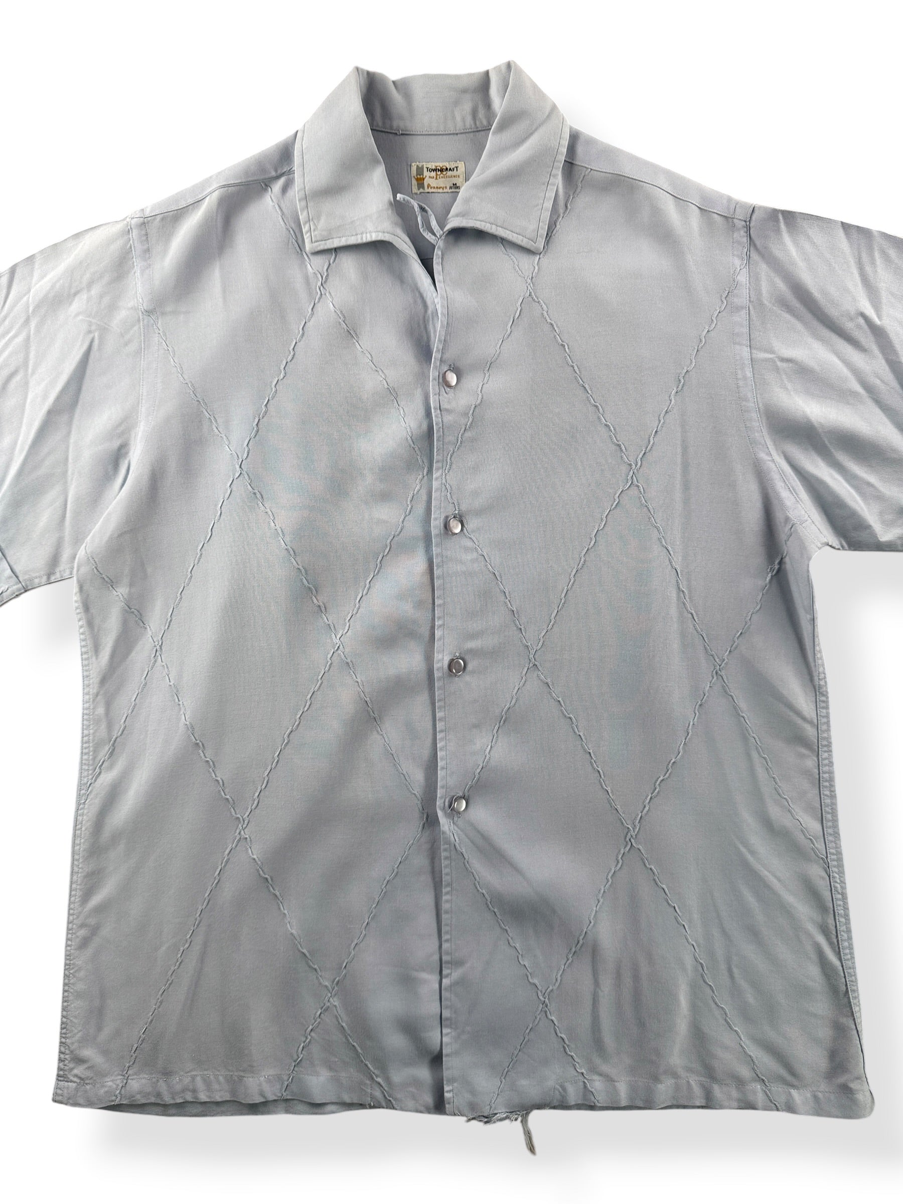 Close up of Vintage 1960s Towncraft Rayon Blend Loop Collar Shirt SZ M