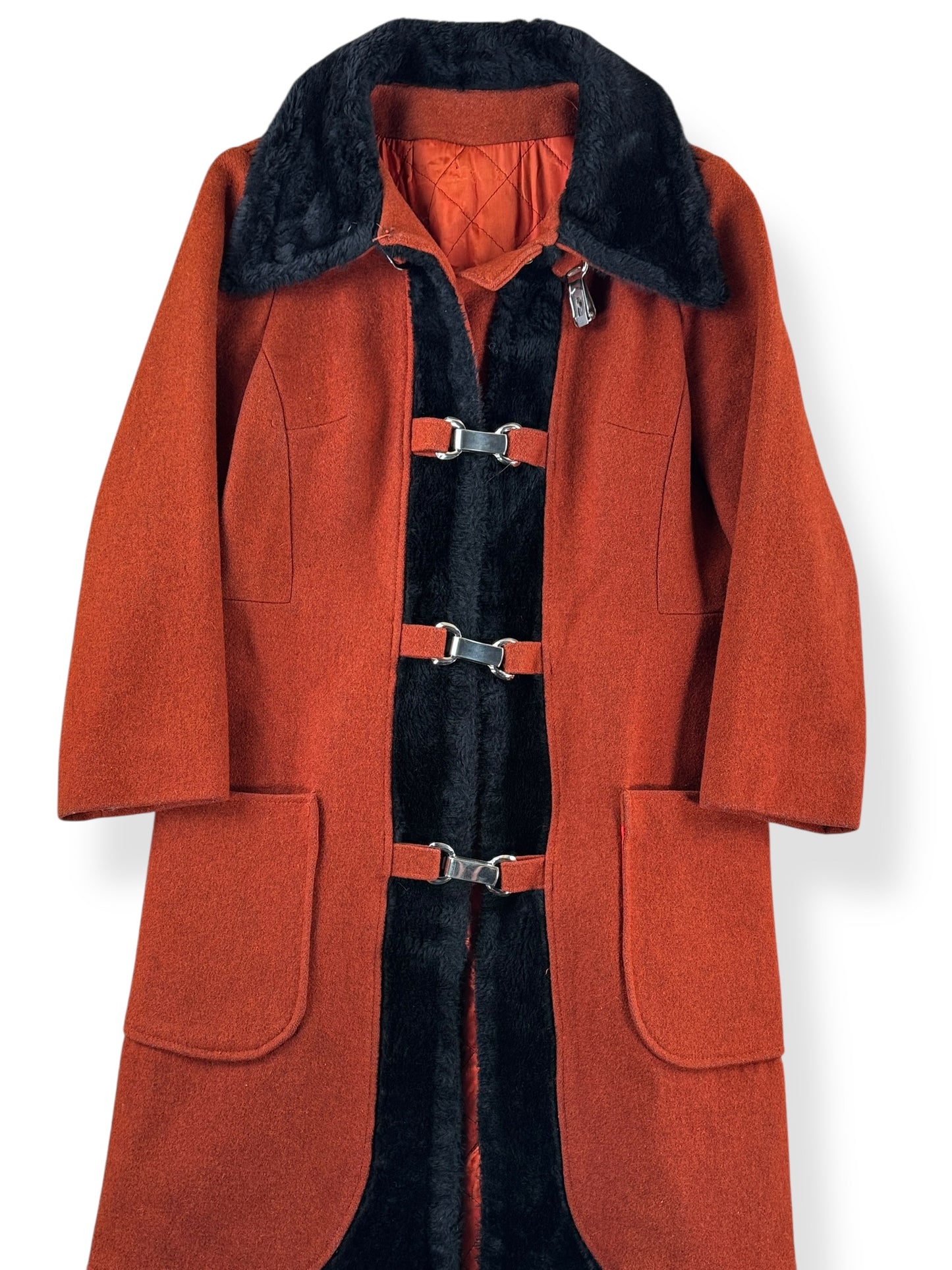 Front Close Up of Vintage 60s Burnt Orange Penny Lane Style Coat w/ Clasps SZ M