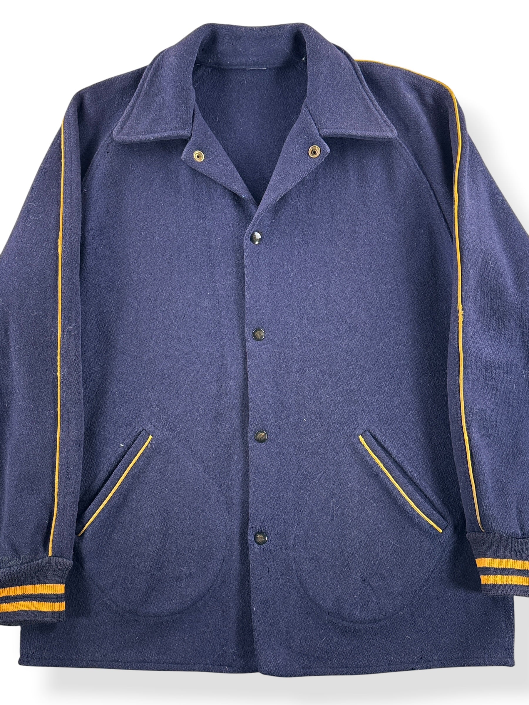 Front Close Up of Vintage Wool Navy Blue Band Jacket SZ L