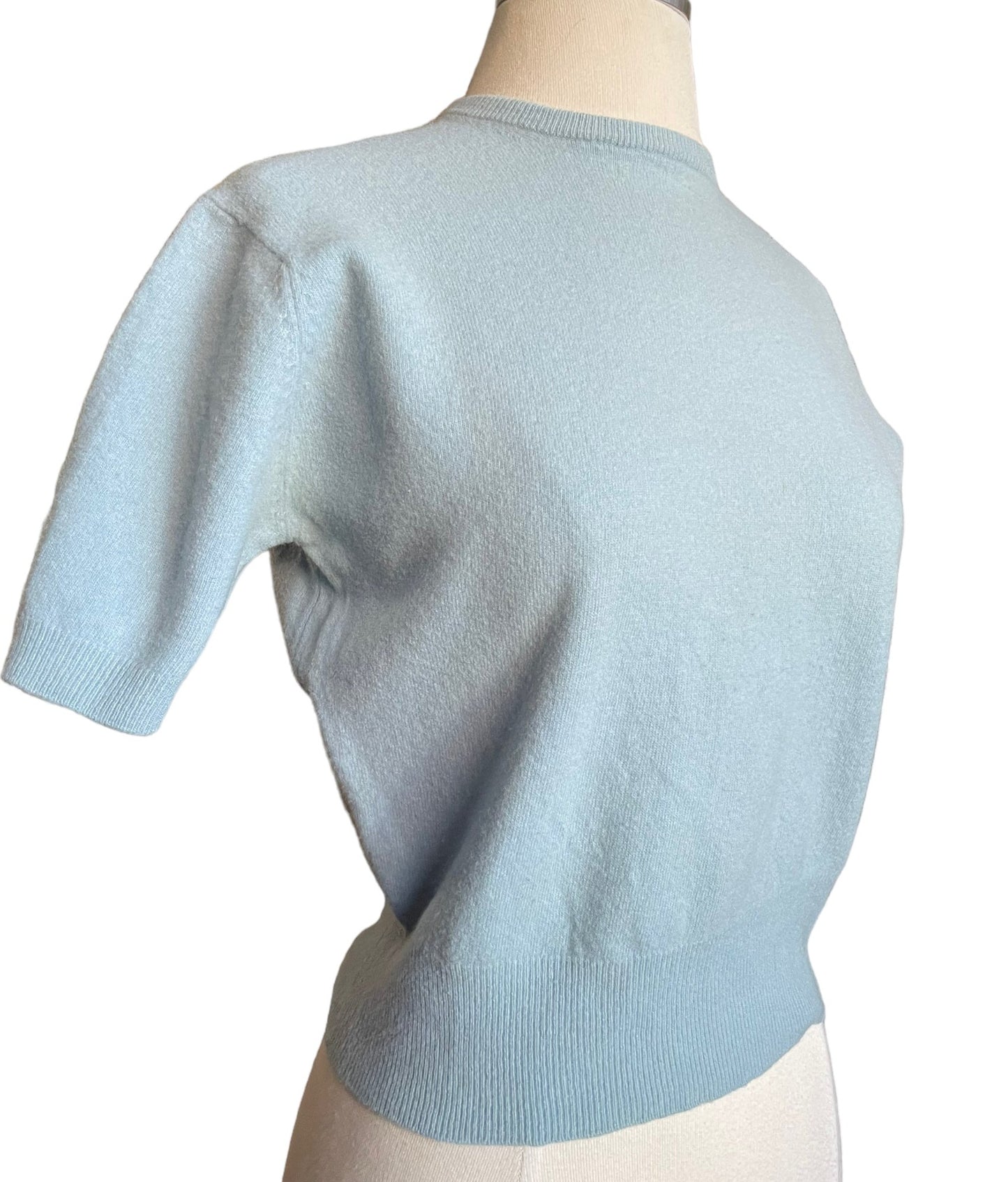 Front right sided view of Vintage 1950s Blue Short Sleeve Lamb's Wool Sweater | Seattle Vintage Sweaters | Barn Owl Vintage