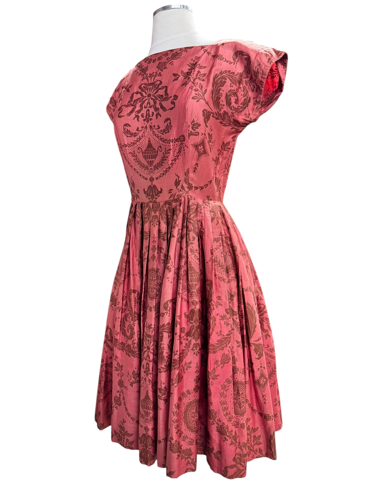 Side view of 1950s Junior TIme Damask Pattern Dress S