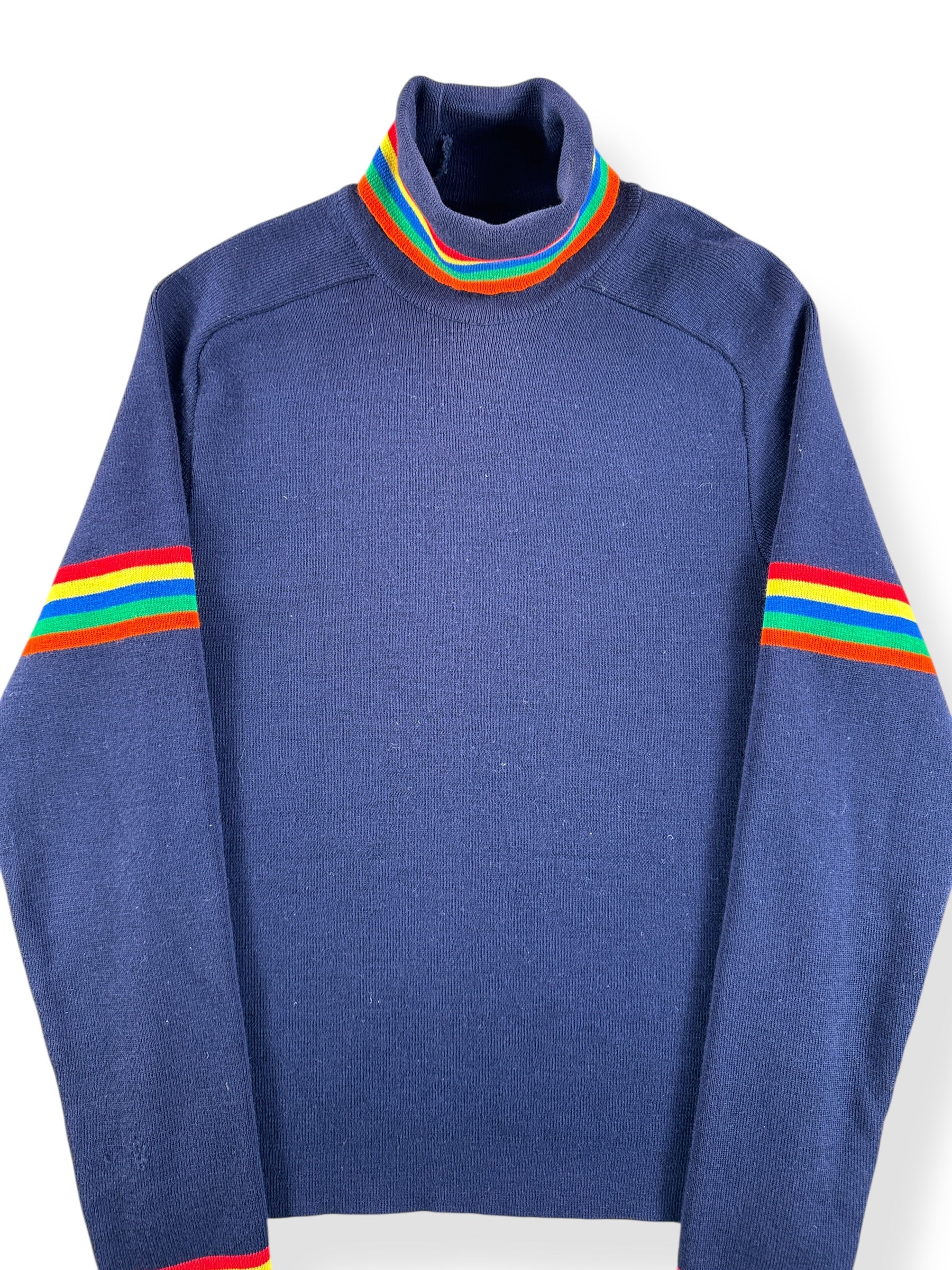 Front Close Up of Vintage Demetre Rainbow Accented Wool Turtleneck Sweater SZ L (Fits S/M)