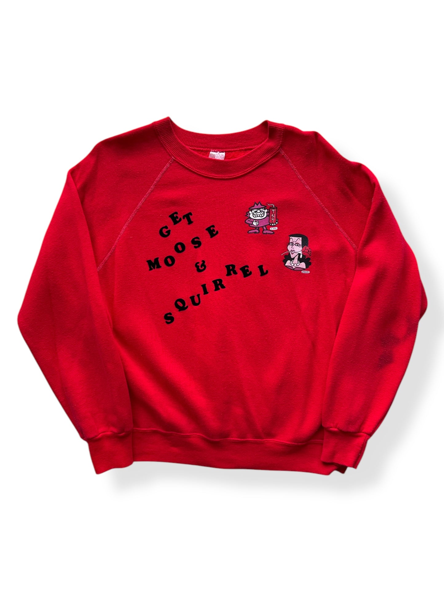 Front of Vintage Boris & Natasha Get Moose & Squirrel Red Crewneck SZ L