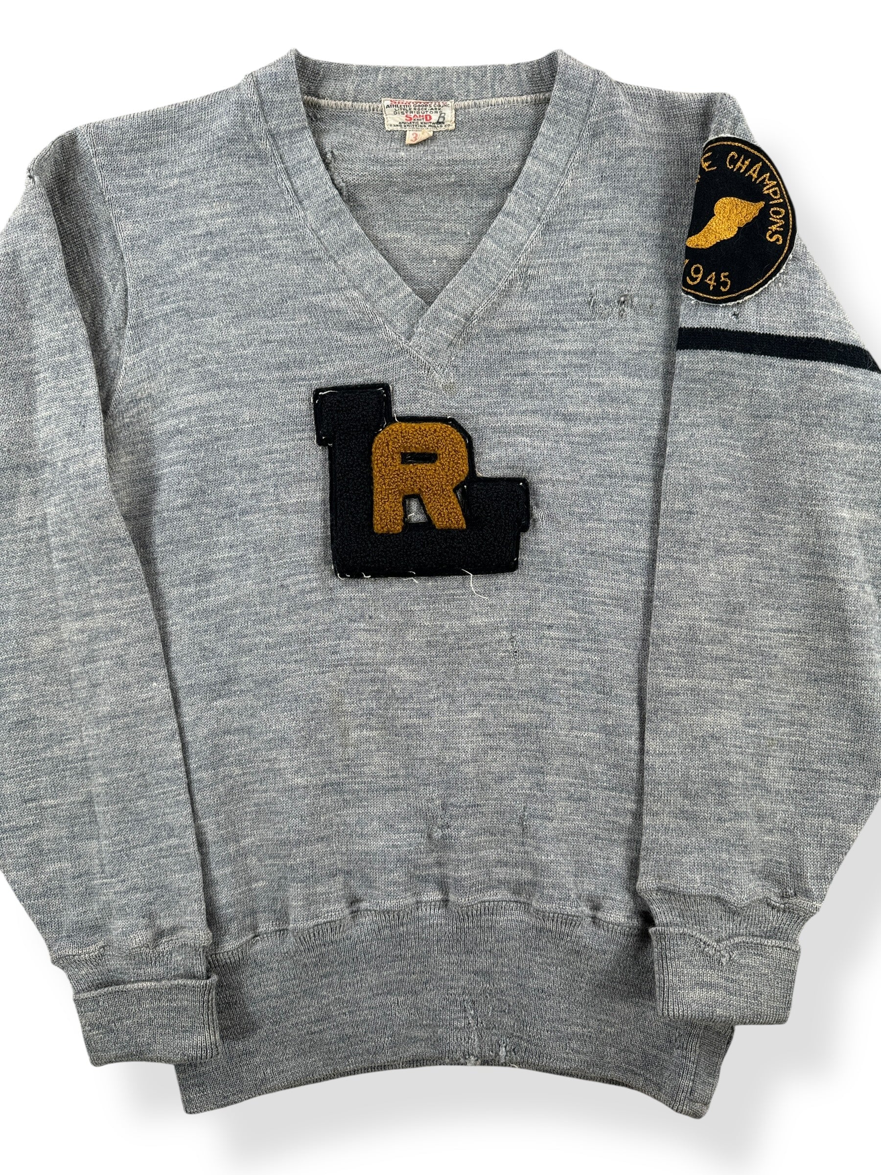 Front Close Up of Vintage 40s Era L.R. Varsity V Neck Sweater SZ XS