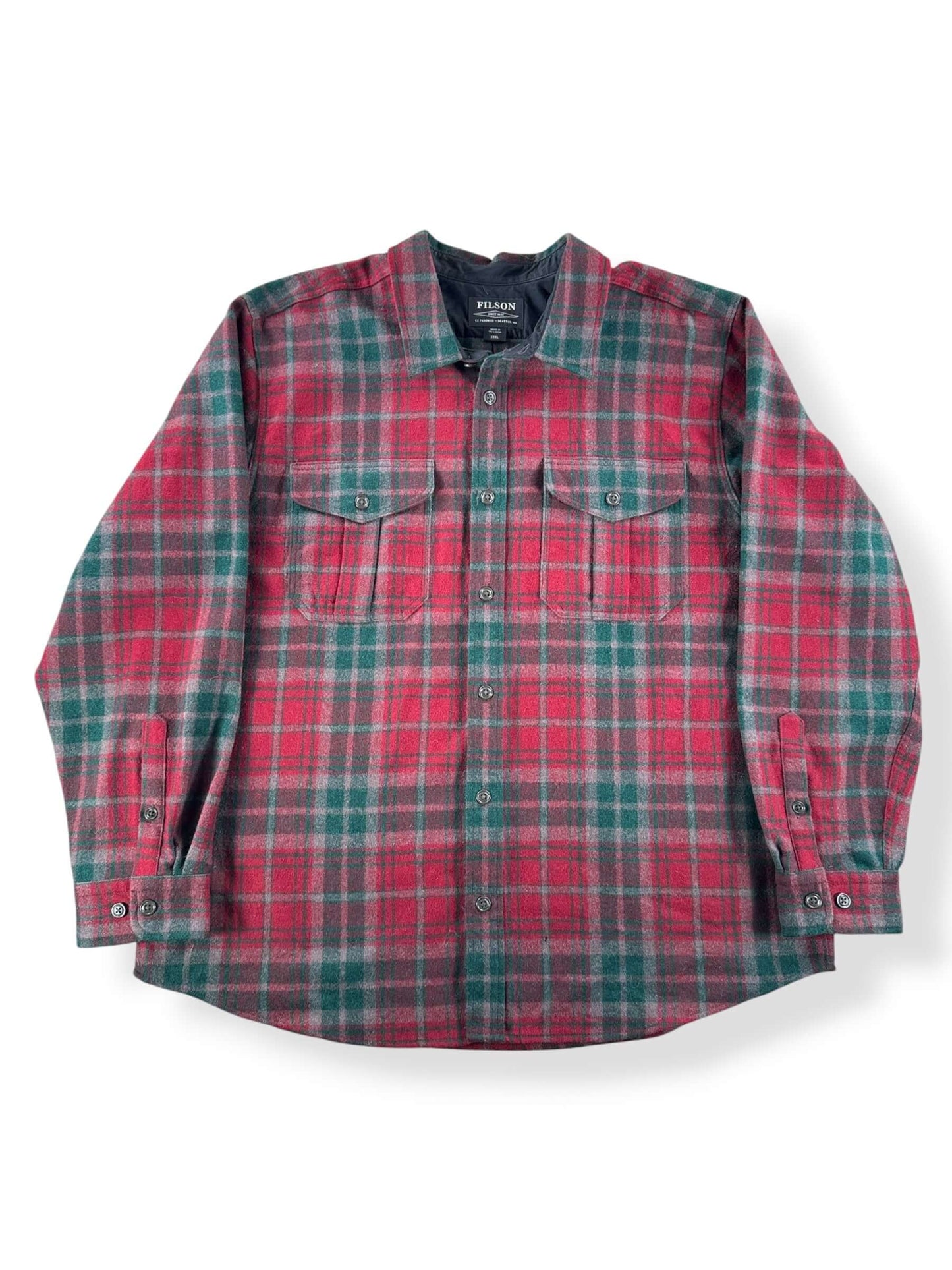 Front of Filson Green & Maroon Flannel SZ XXXL