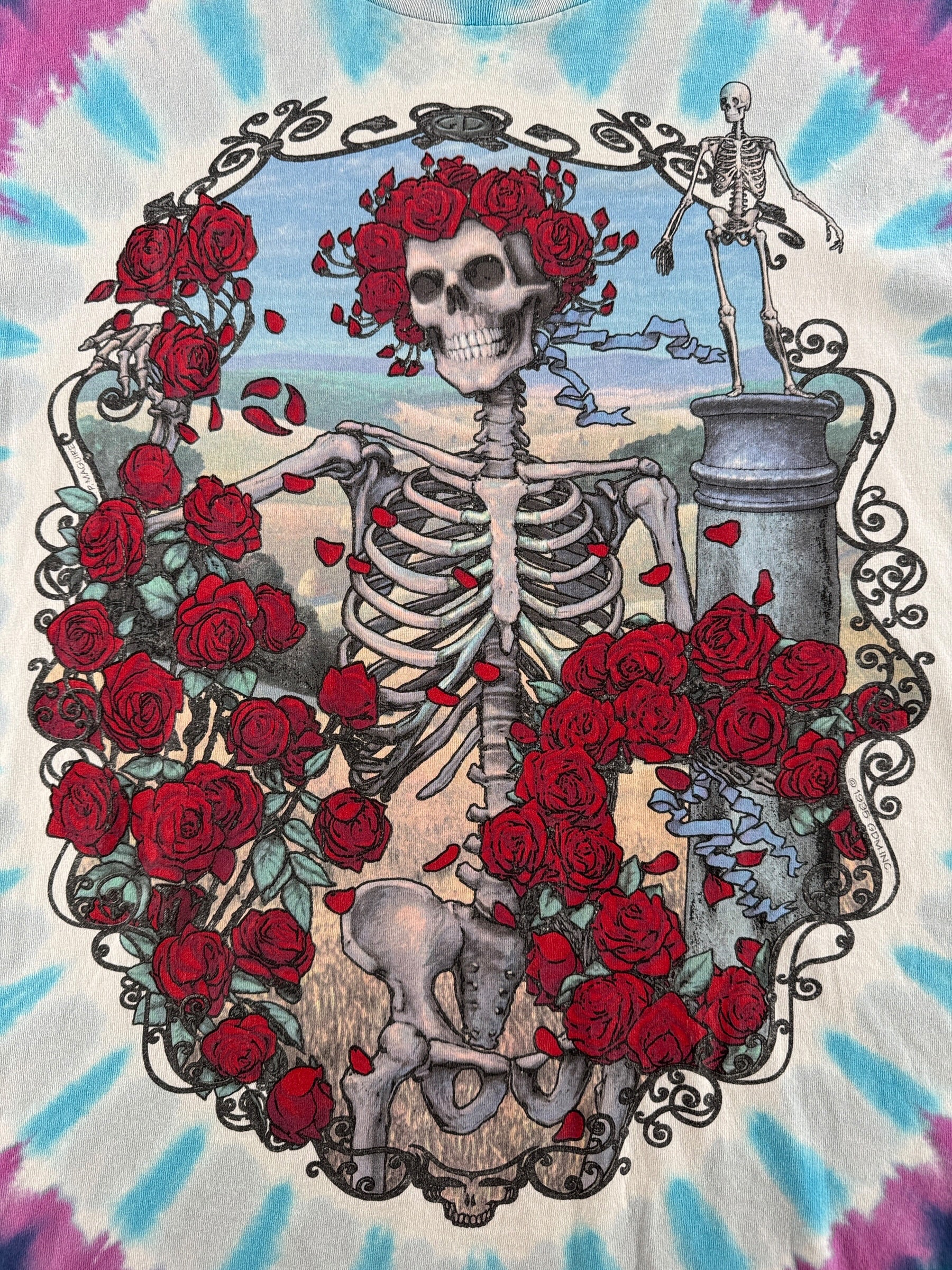 Front graphic on Vintage Liquid Blue Grateful Dead 30 Years Bertha Tee SZ L