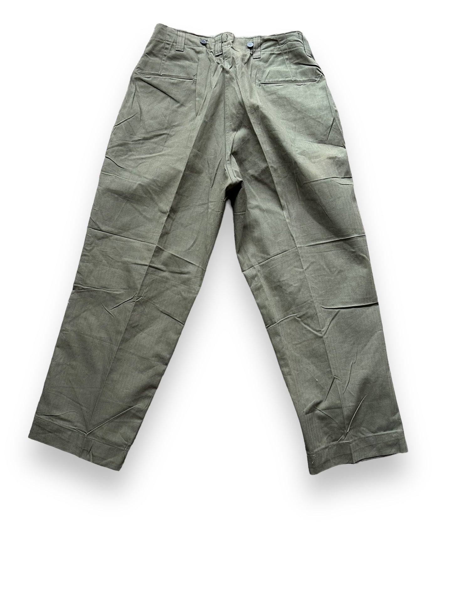 Rear View of Vintage WWII M-43 HBT Field Cotton Trousers Olive Drab W34 | Barn Owl Vintage Seattle | Vintage Military Trousers Seattle