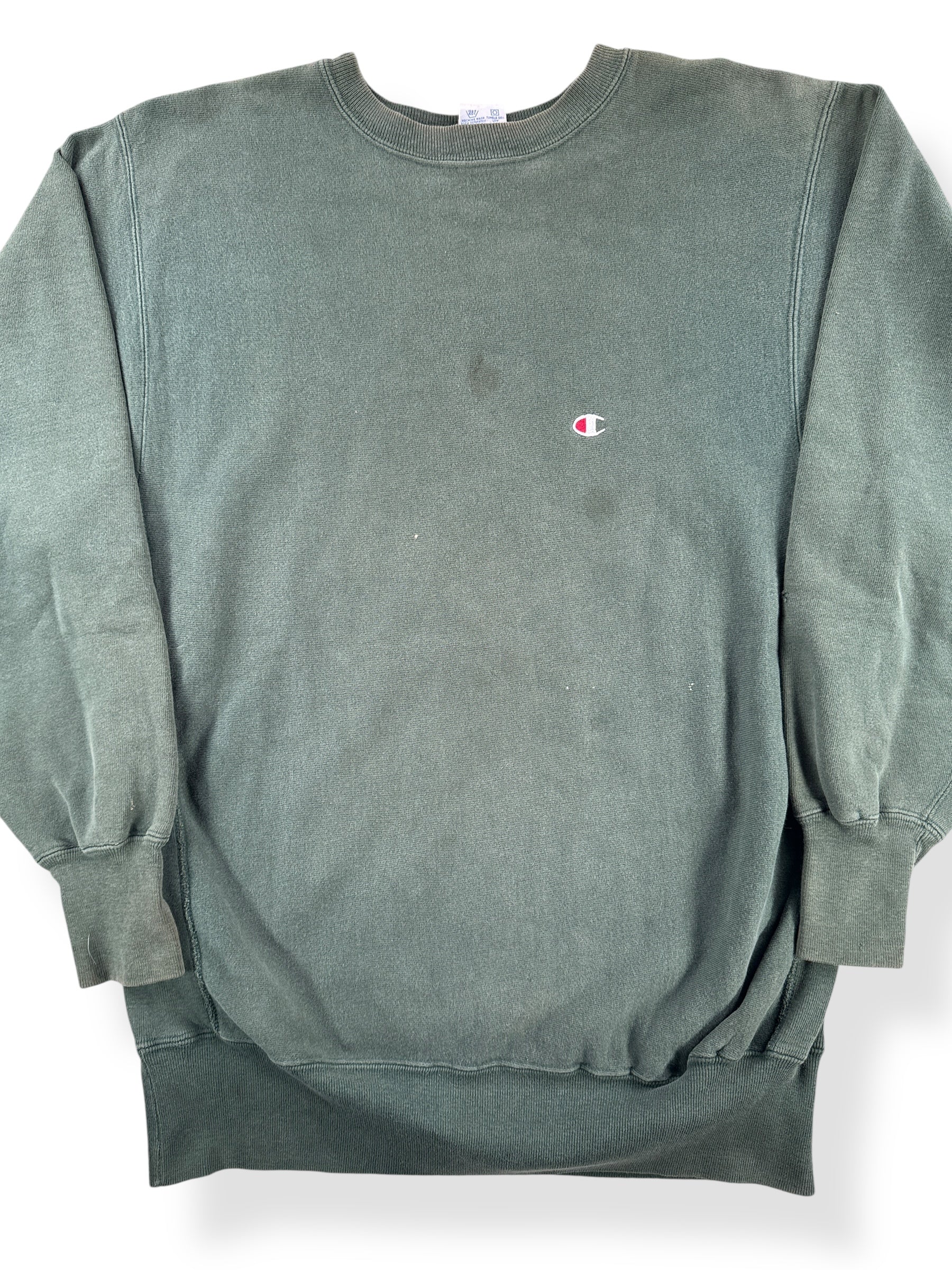 Front Close Up of Vintage Green Champion Reverse Weave Sweatshirt SZ L