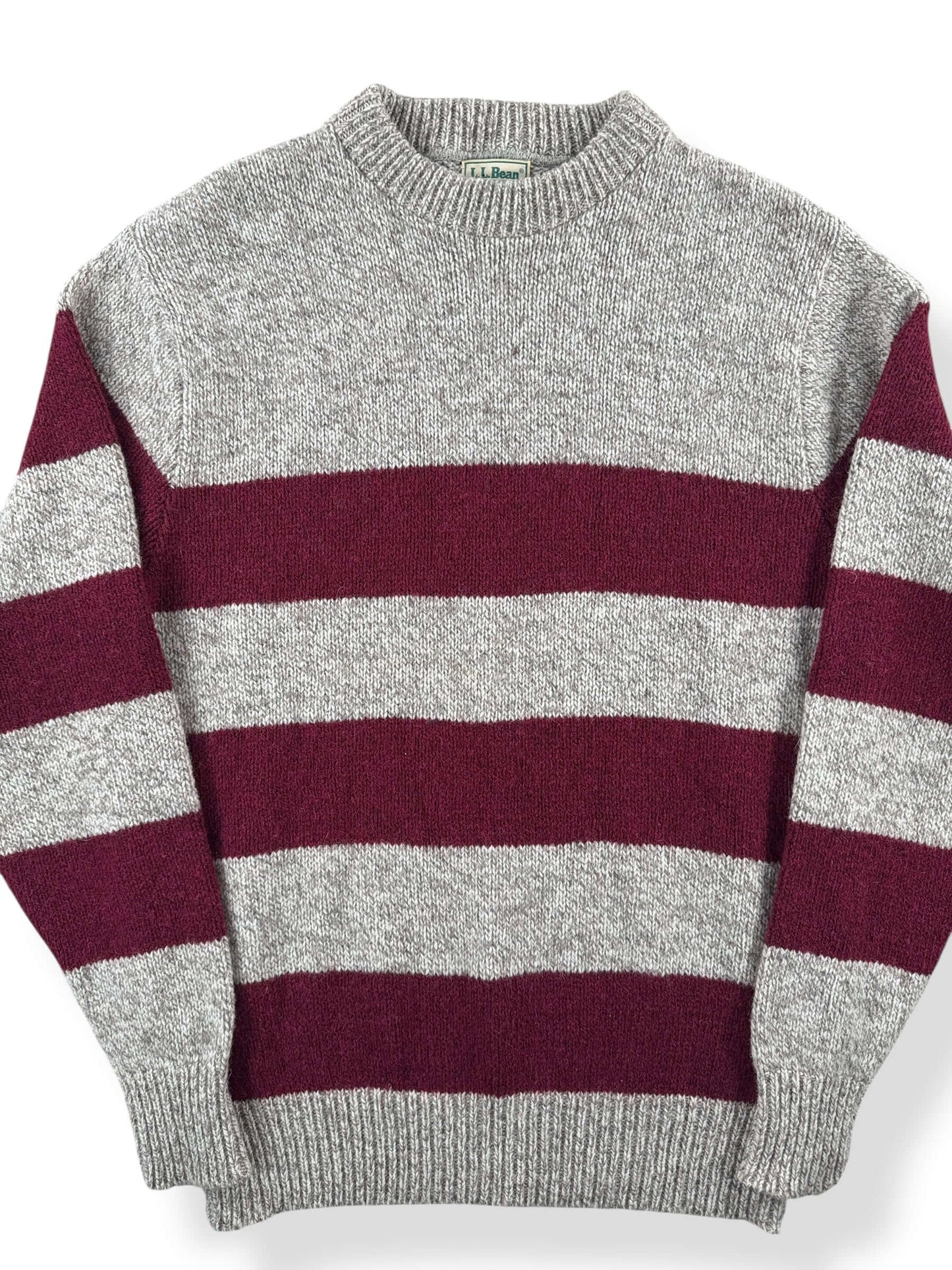 Front Close Up of Vintage L.L. Bean Ragg Wool Burgundy Striped Sweater SZ XL (Fits L)