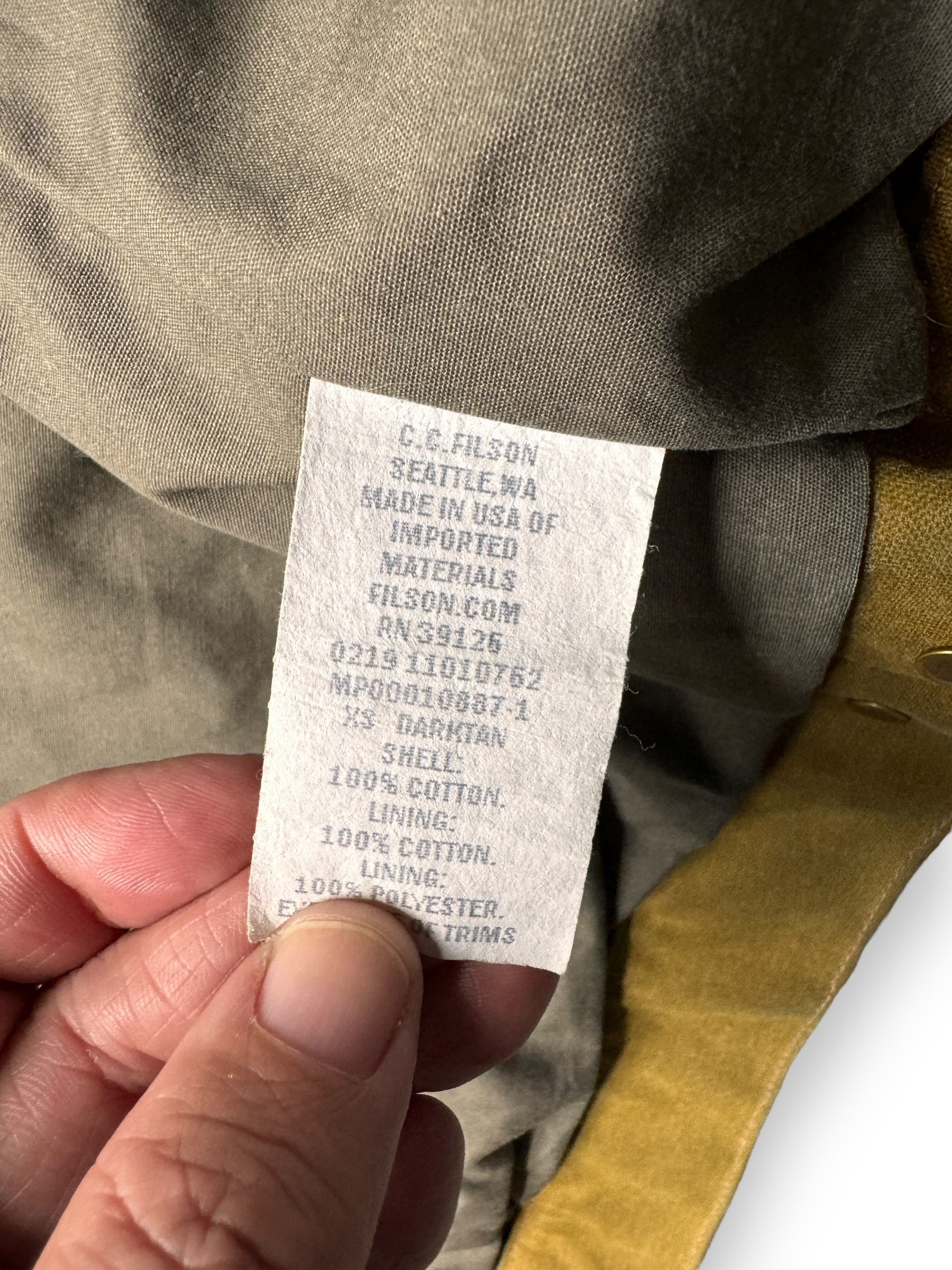 Production Tag View of Filson Short Lined Cruiser SZ XS