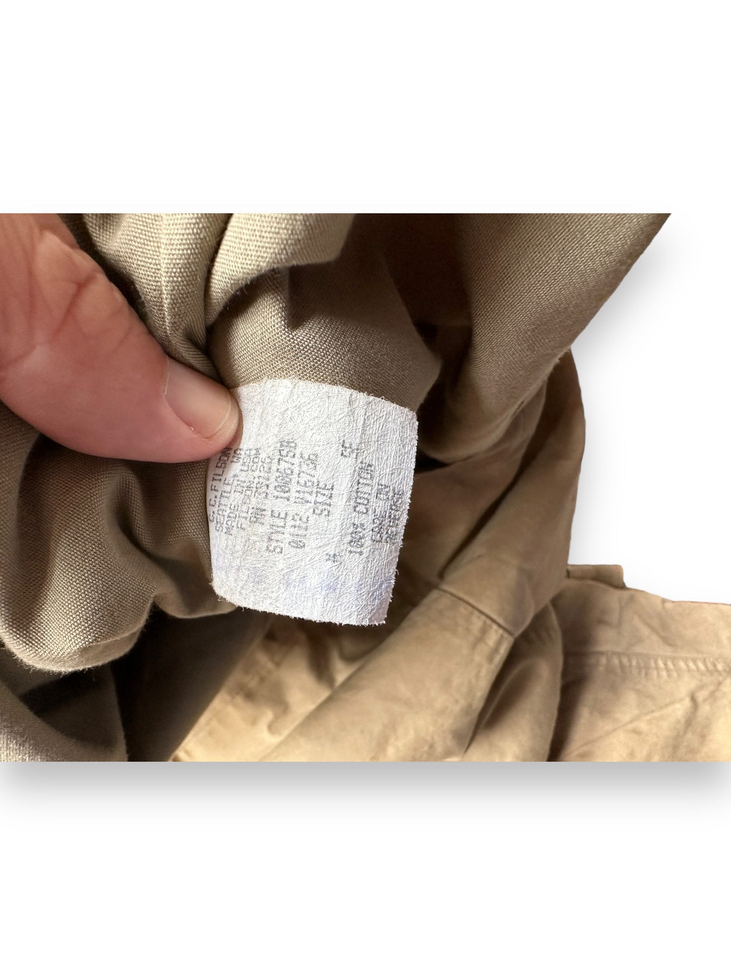 Production Tag View on Filson Oregon Trail Jacket SZ M |  Barn Owl Vintage Goods | Vintage Filson Workwear Seattle