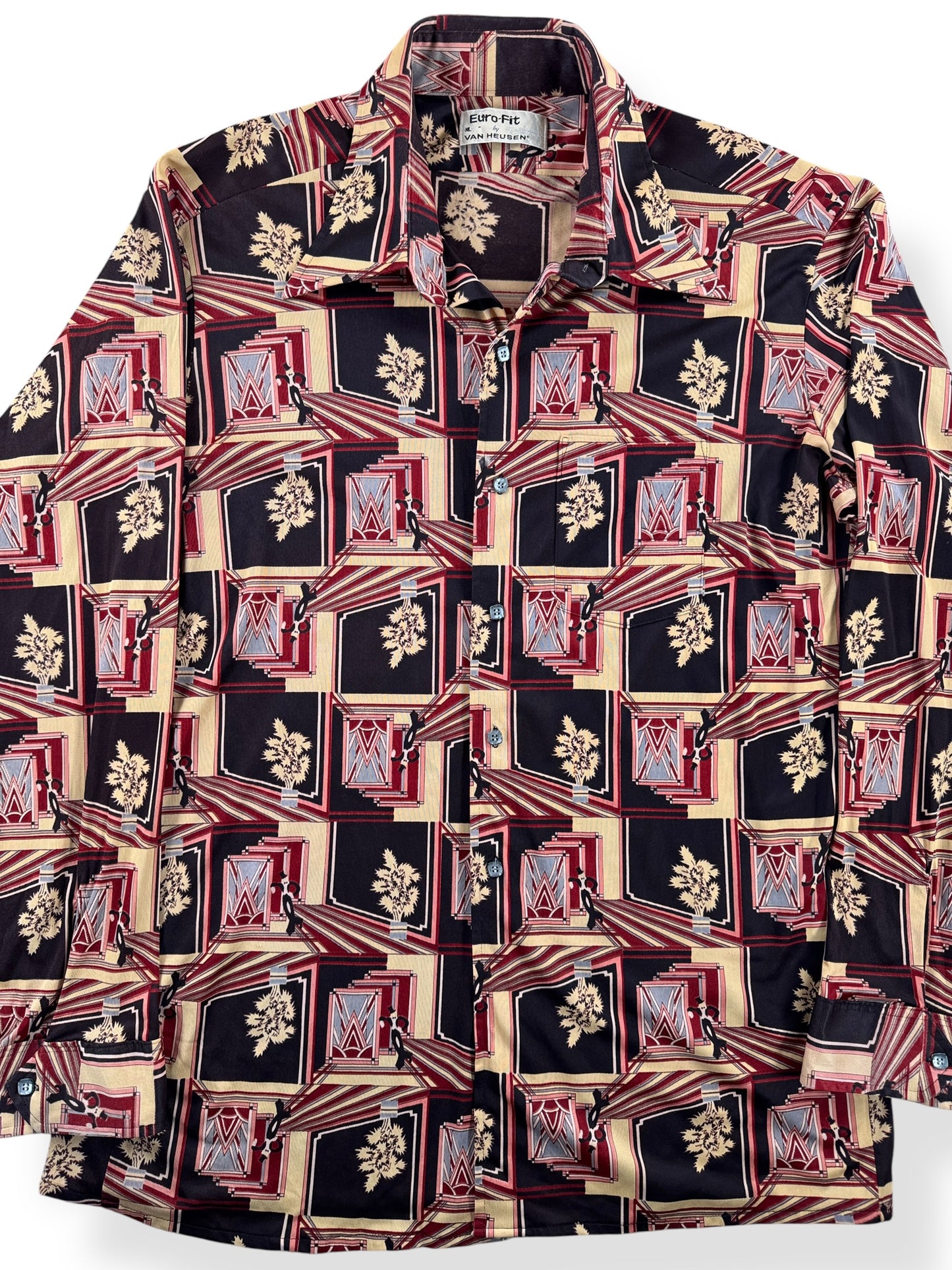 Front Close Up of Vintage Van Heusen Op Art Print Disco Shirt SZ XL (Fits L)