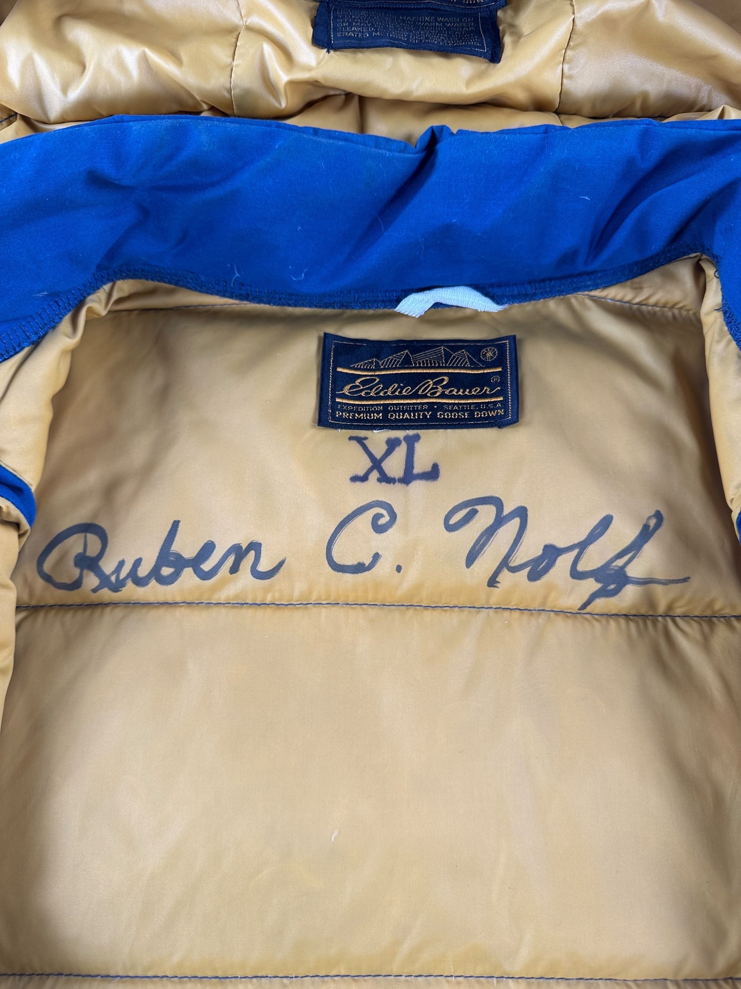 Name on Vintage Eddie Bauer Blue Down Parka SZ XL