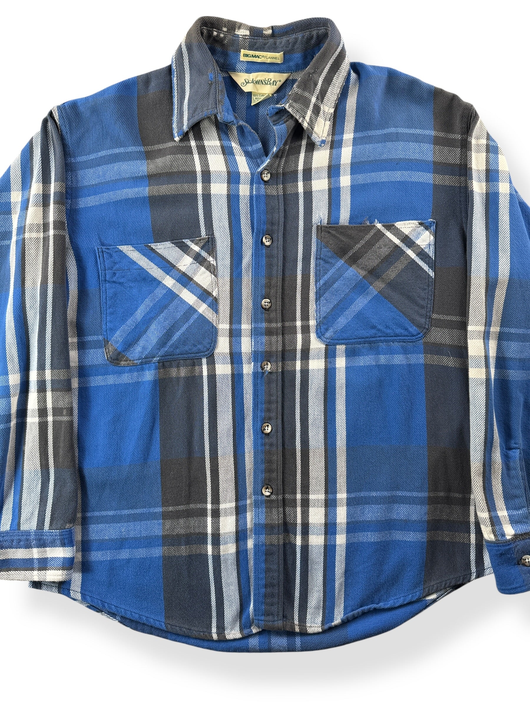 Front Close Up of Vintage Big Mac Blue Plaid Cotton Flannel SZ L