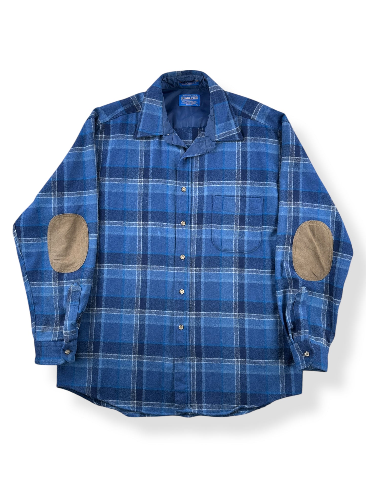 Front of Vintage Pendleton Blue Plaid Flannel w/ Elbow Patches SZ L