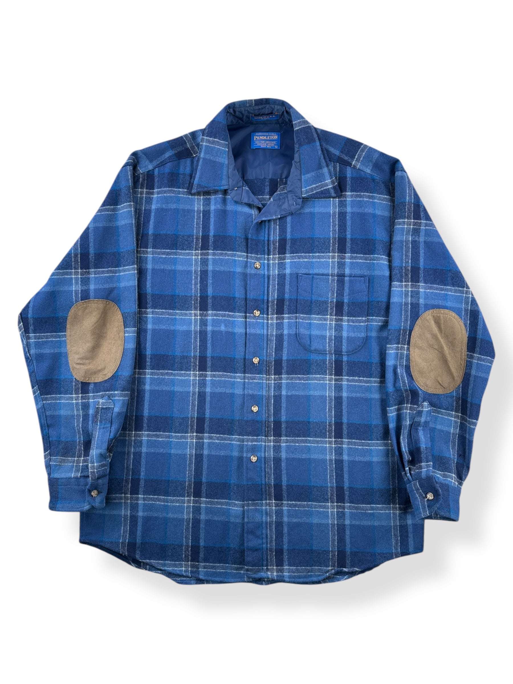 Front of Vintage Pendleton Blue Plaid Flannel w/ Elbow Patches SZ L