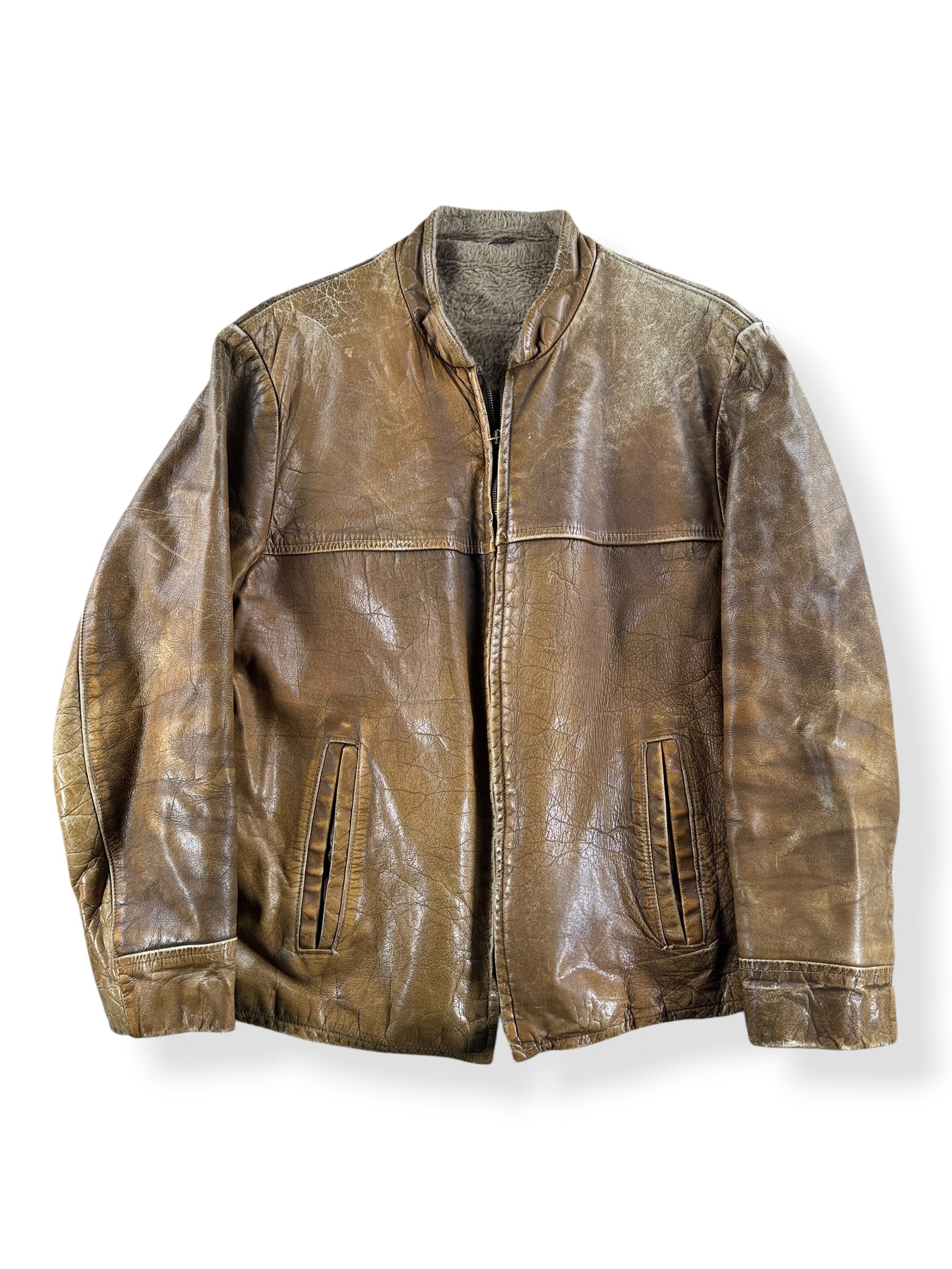 Front of Vintage Great Patina Lined Brown Cafe Racer Jacket SZ L