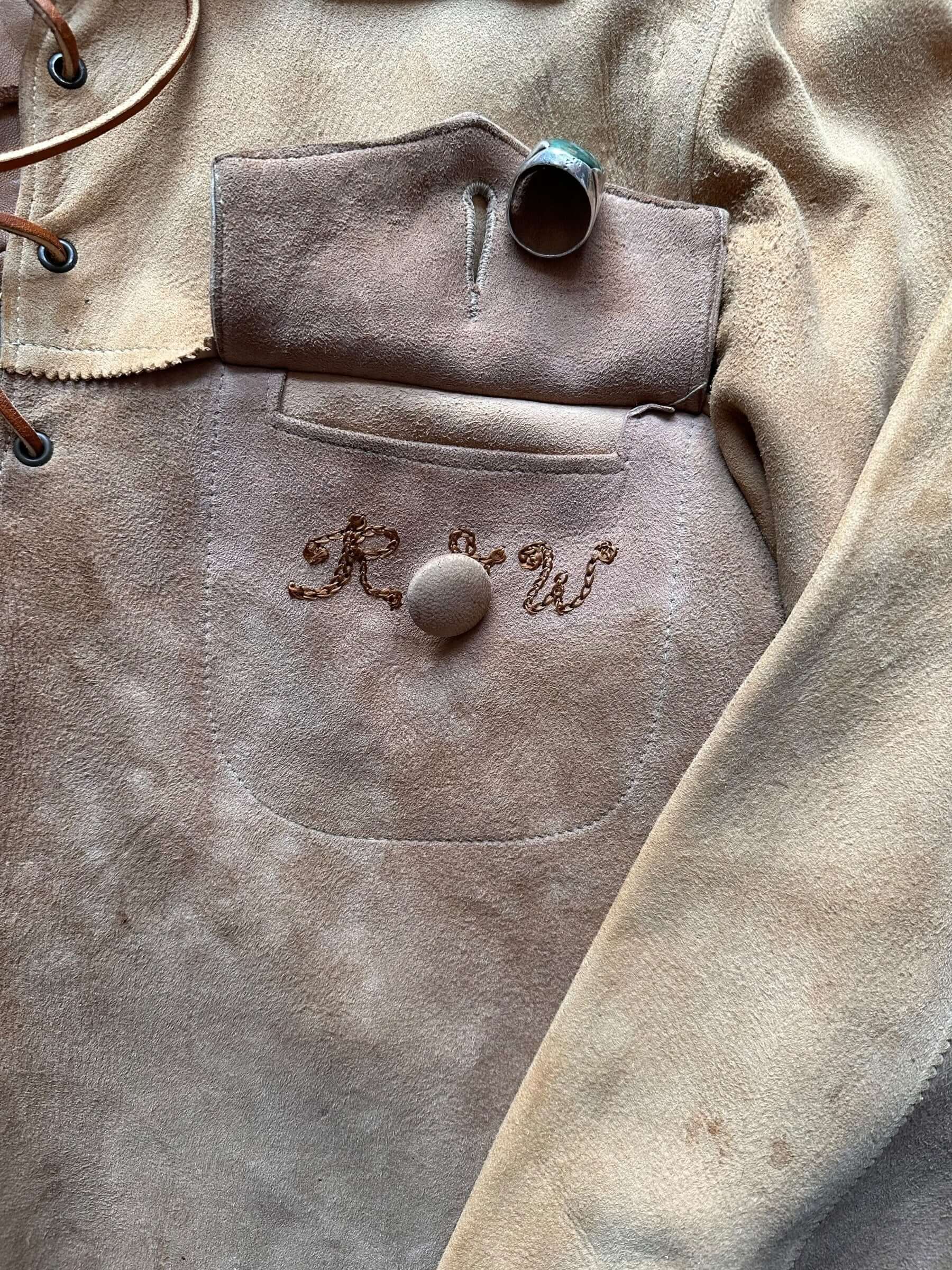 embroidered initials under left pocket flap of Vintage Geronimo Suede Leather Pullover Smock SZ M