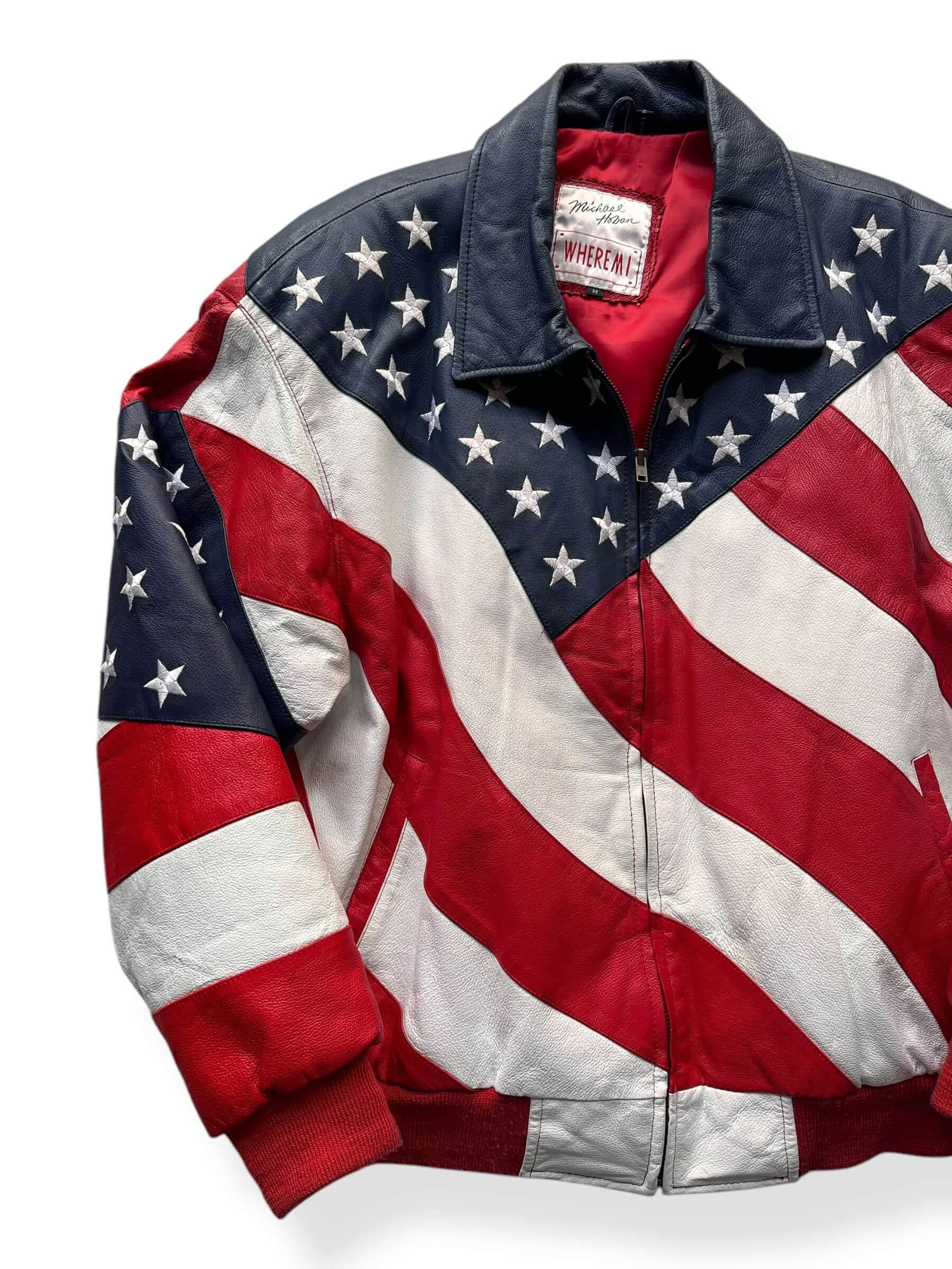 Front Right of Vintage Michael Hoban WhereMI Flag Leather Jacket SZ M
