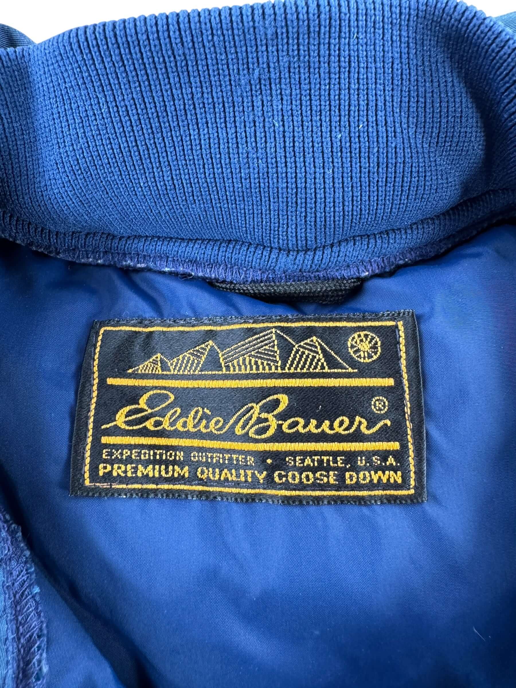 Label on Vintage Navy Blue Eddie Bauer Down Jacket SZ S
