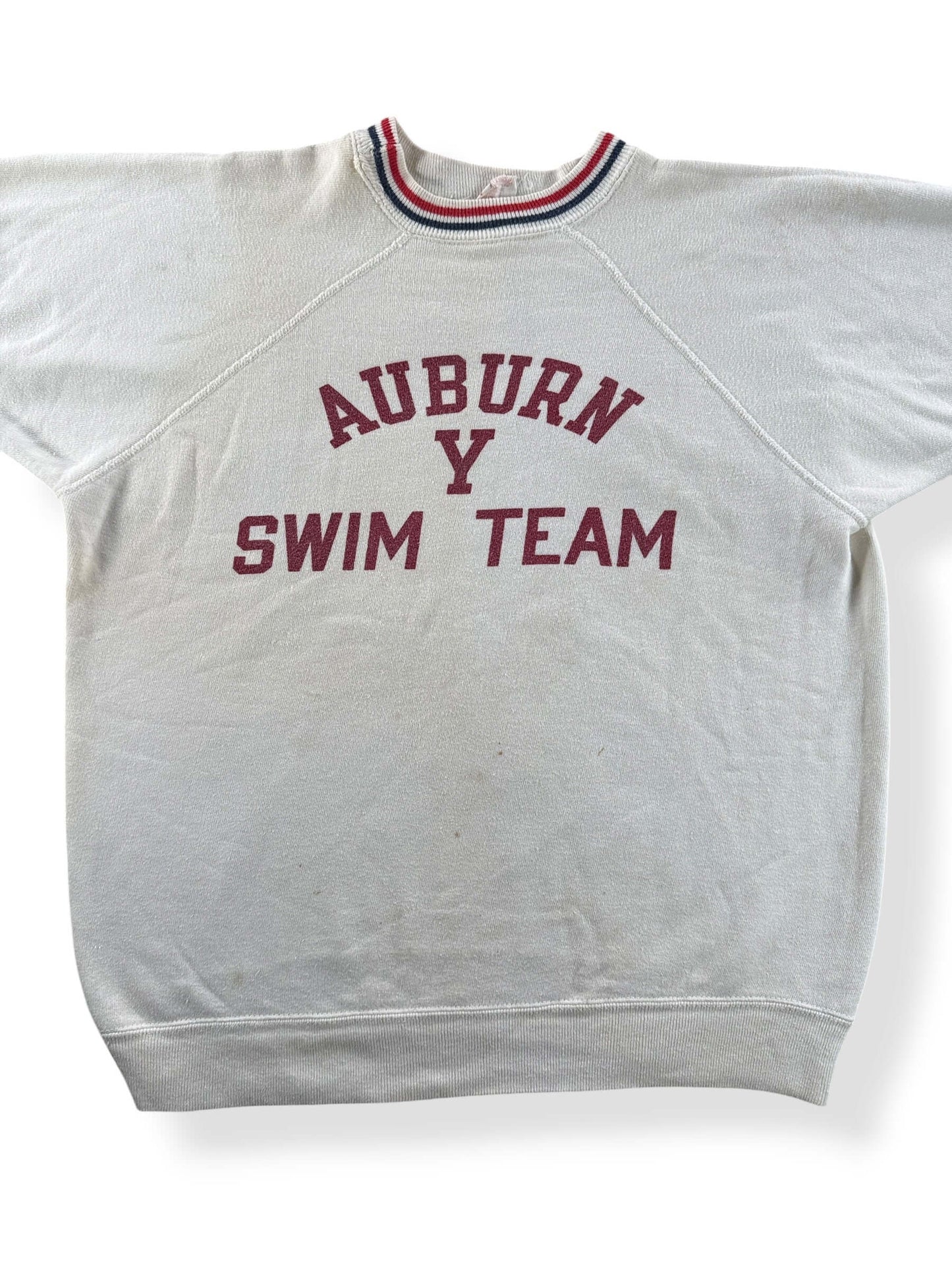 Front Close Up of Vintage Champion Running Man Auburn Y Swim Team Short Sleeve Crewneck SZ M - AS IS