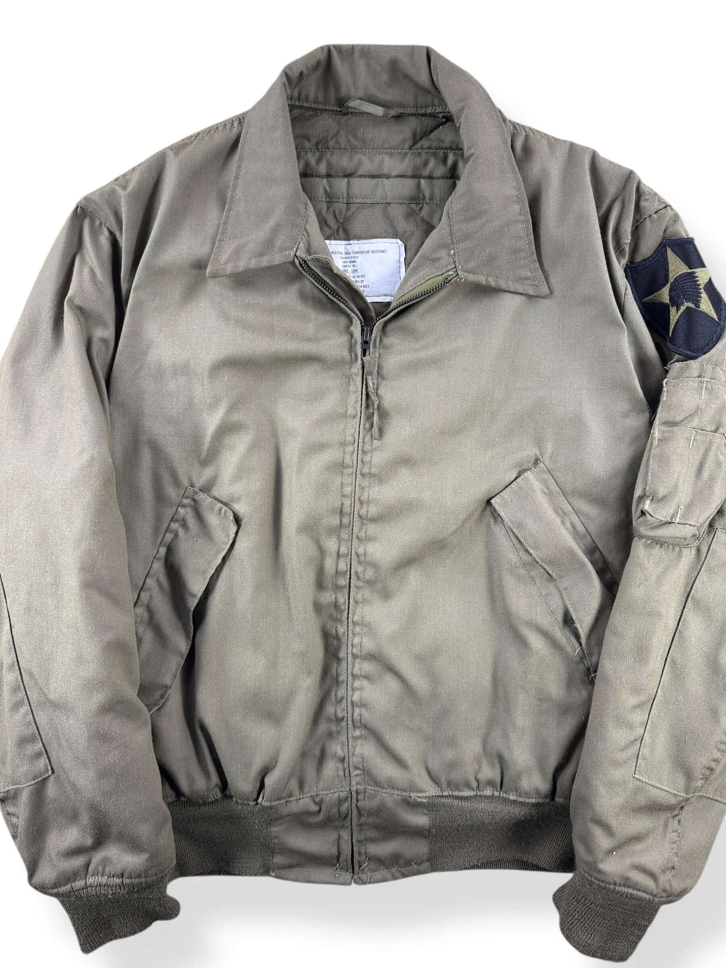 Front Close Up of Vintage 90s Era 2nd Infantry Cold Weather Flyers Jacket SZ L Long
