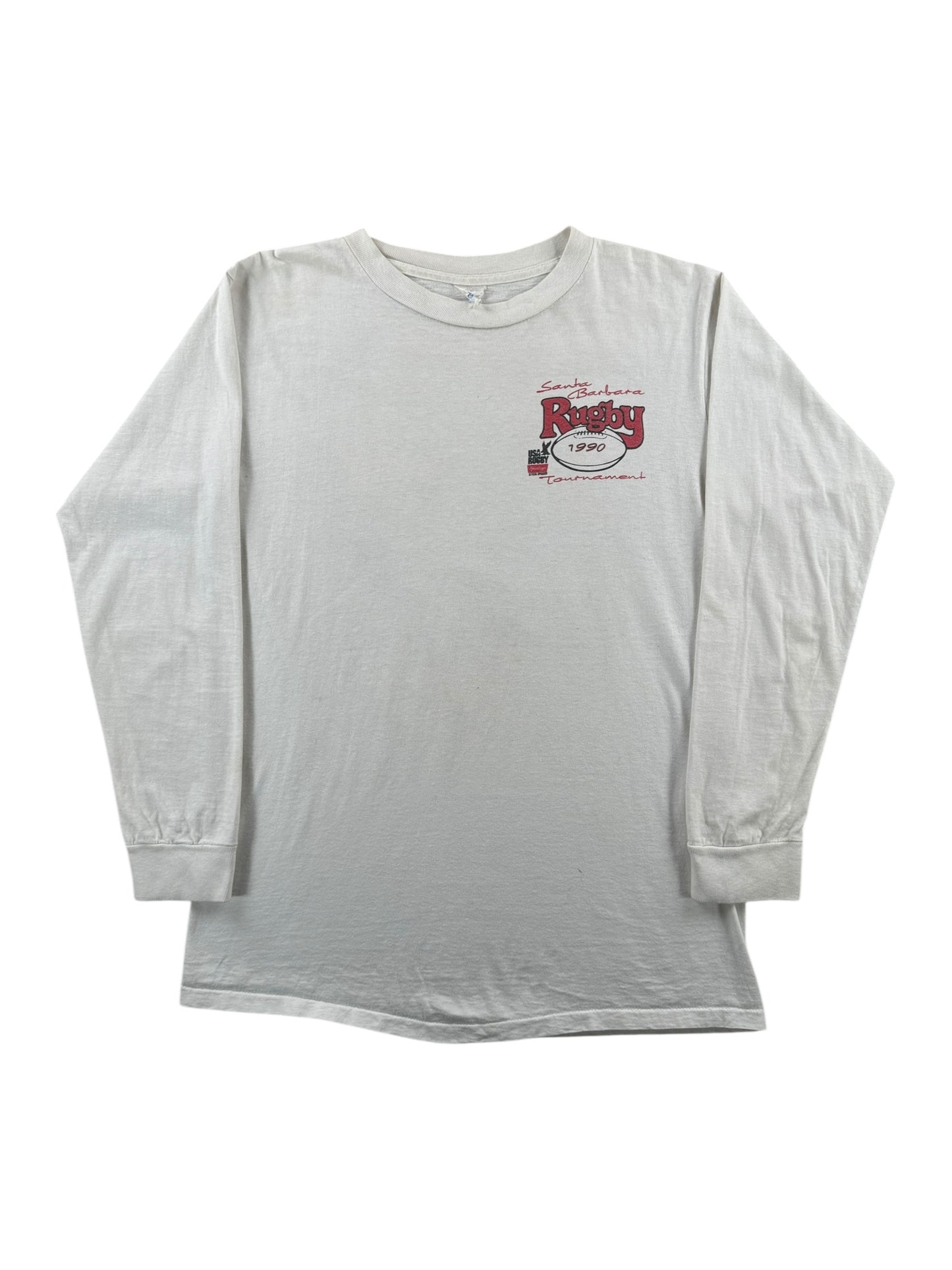 Front of Vintage Long Sleeve 1990 Santa Barbara Rugby Tournament Tee SZ L
