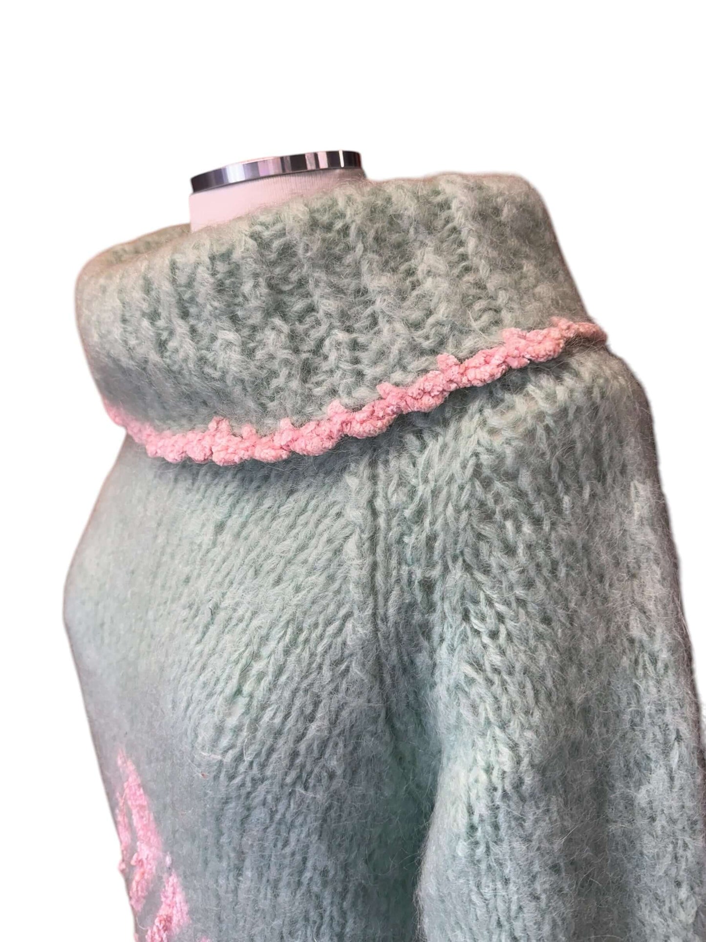 Side of 1950s Nanette Mint Mohair Cowl Neck Sweater L