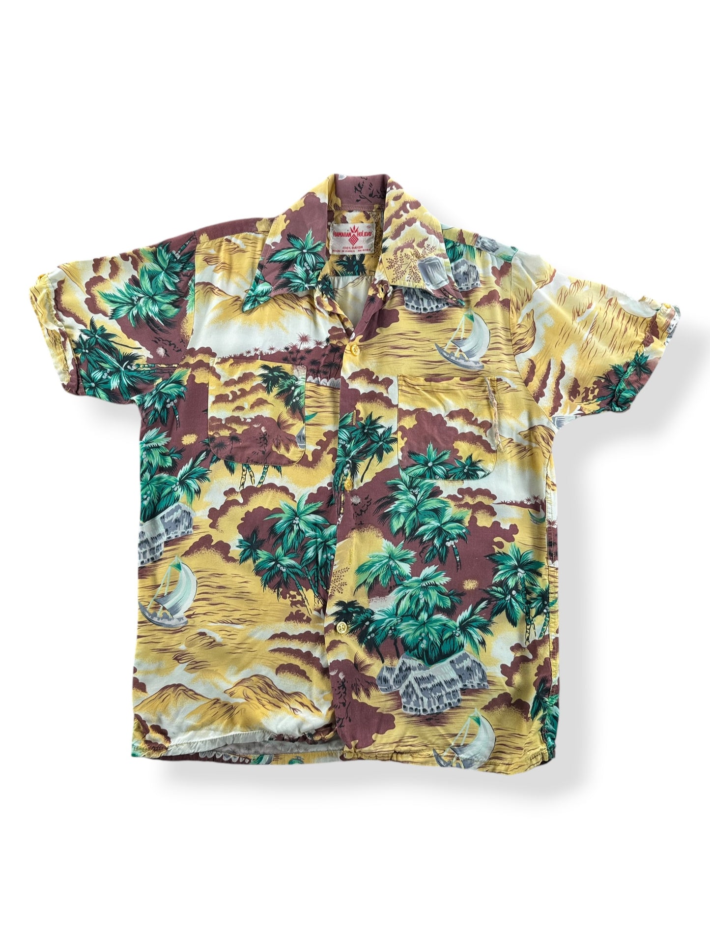 Front of Vintage Hawaiian Holiday Rayon Fixer Aloha Shirt SZ S