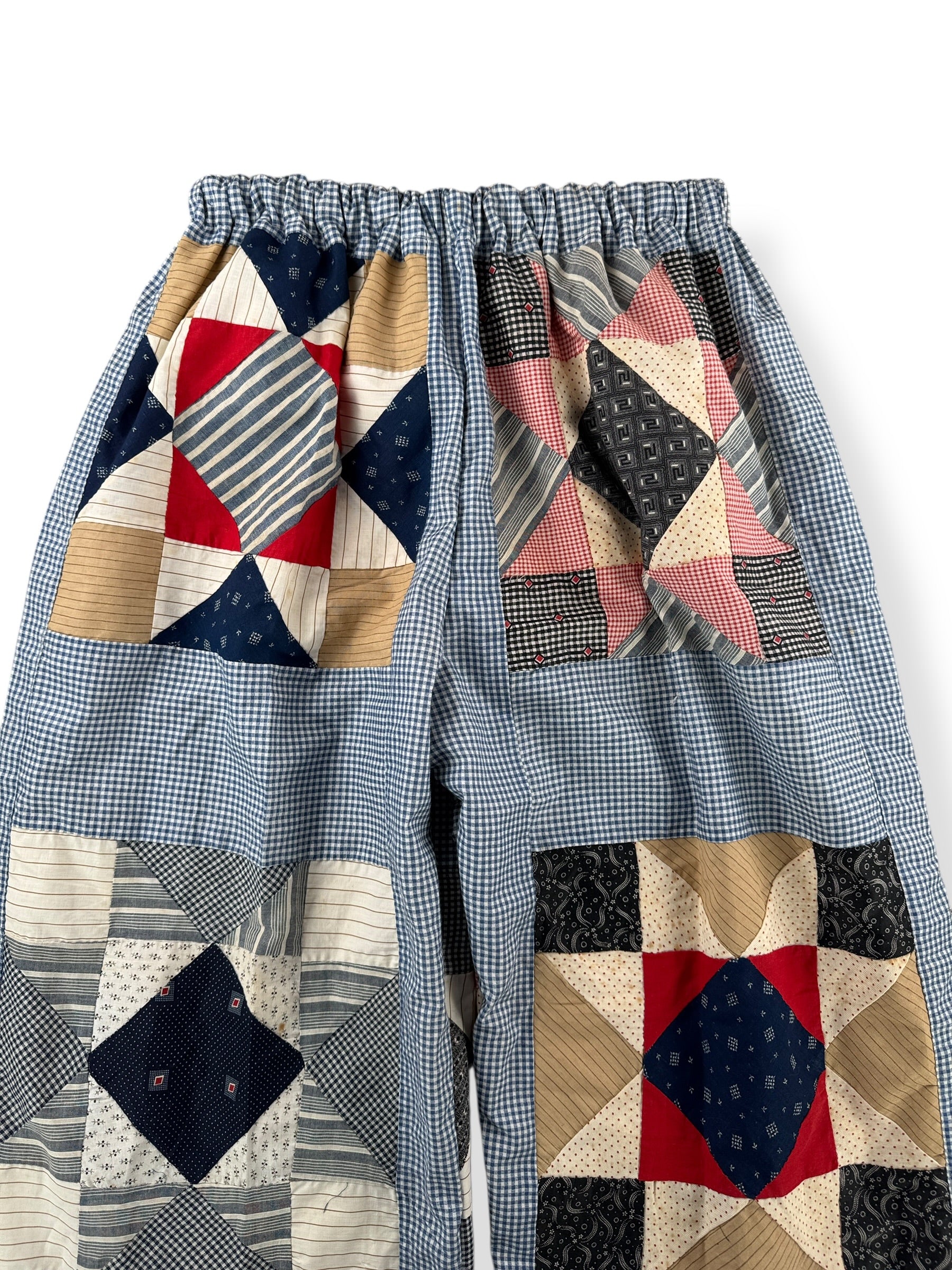 Front Close Up of Archive Craft X Barn Owl Vintage Quilt Pants SZ M