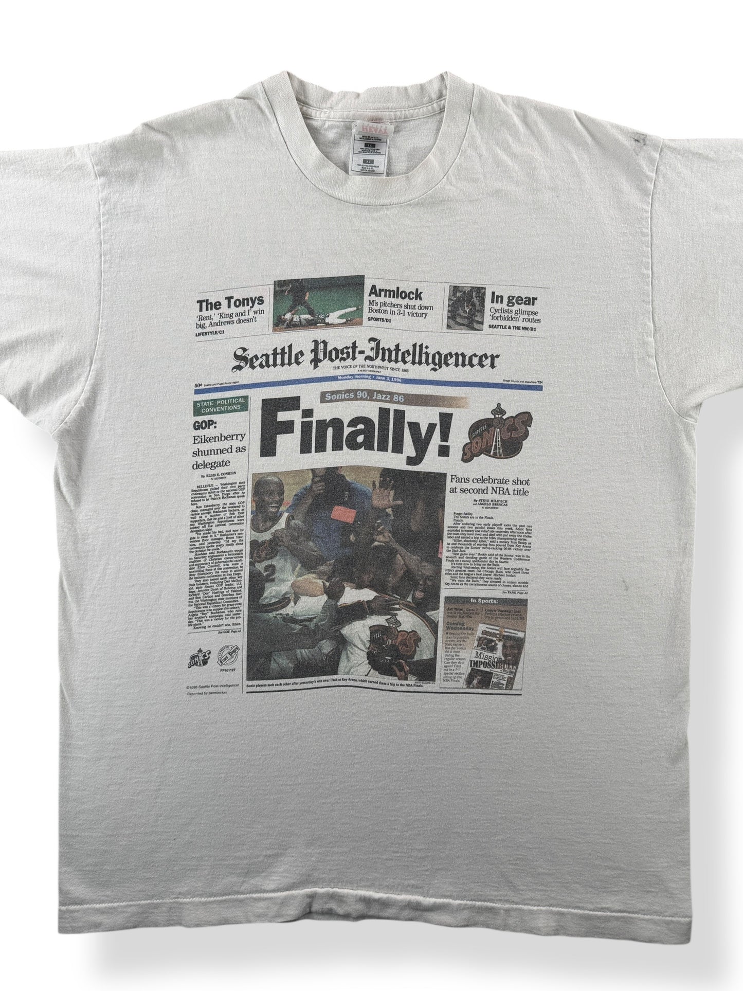 Front Close Up of Vintage Sonics 96 Newspaper Tee SZ XL