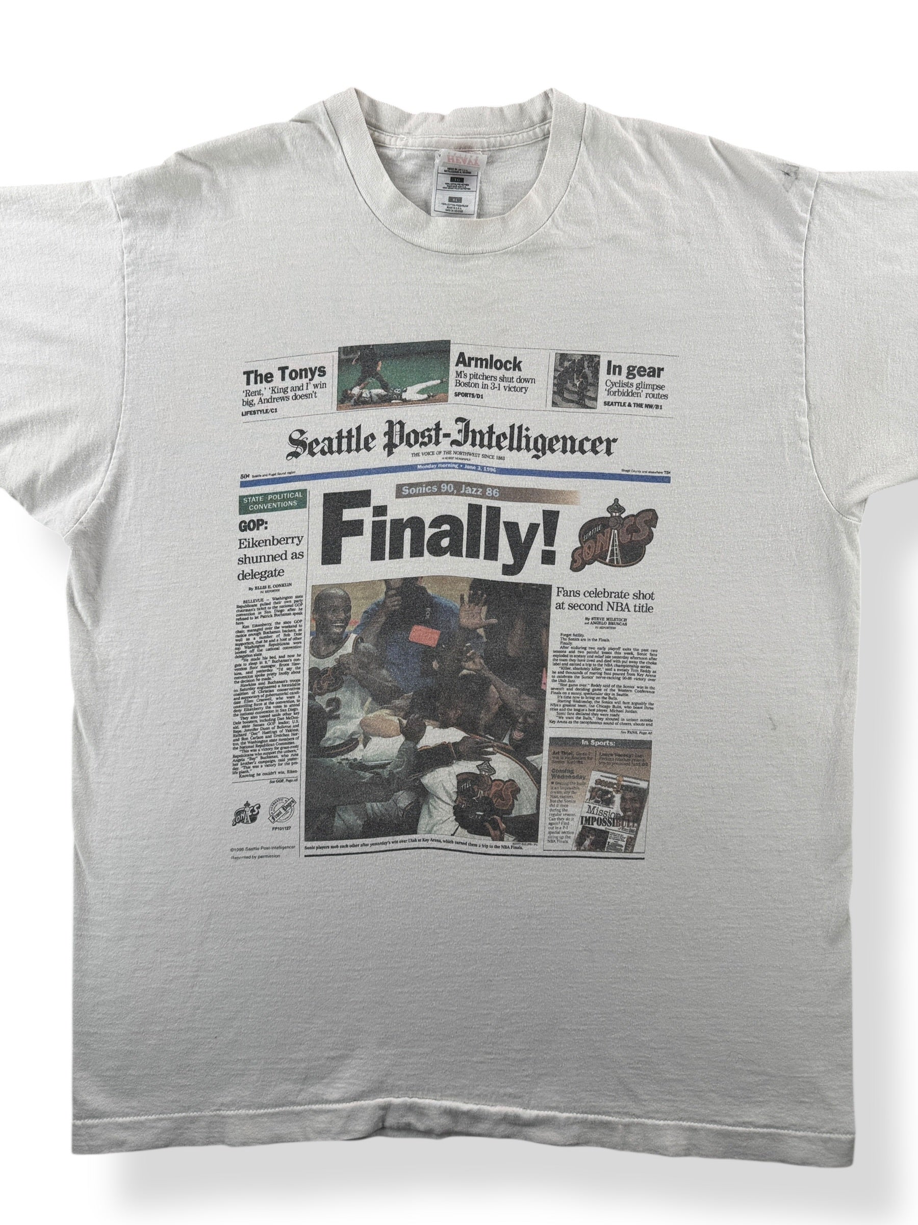 Front Close Up of Vintage Sonics 96 Newspaper Tee SZ XL