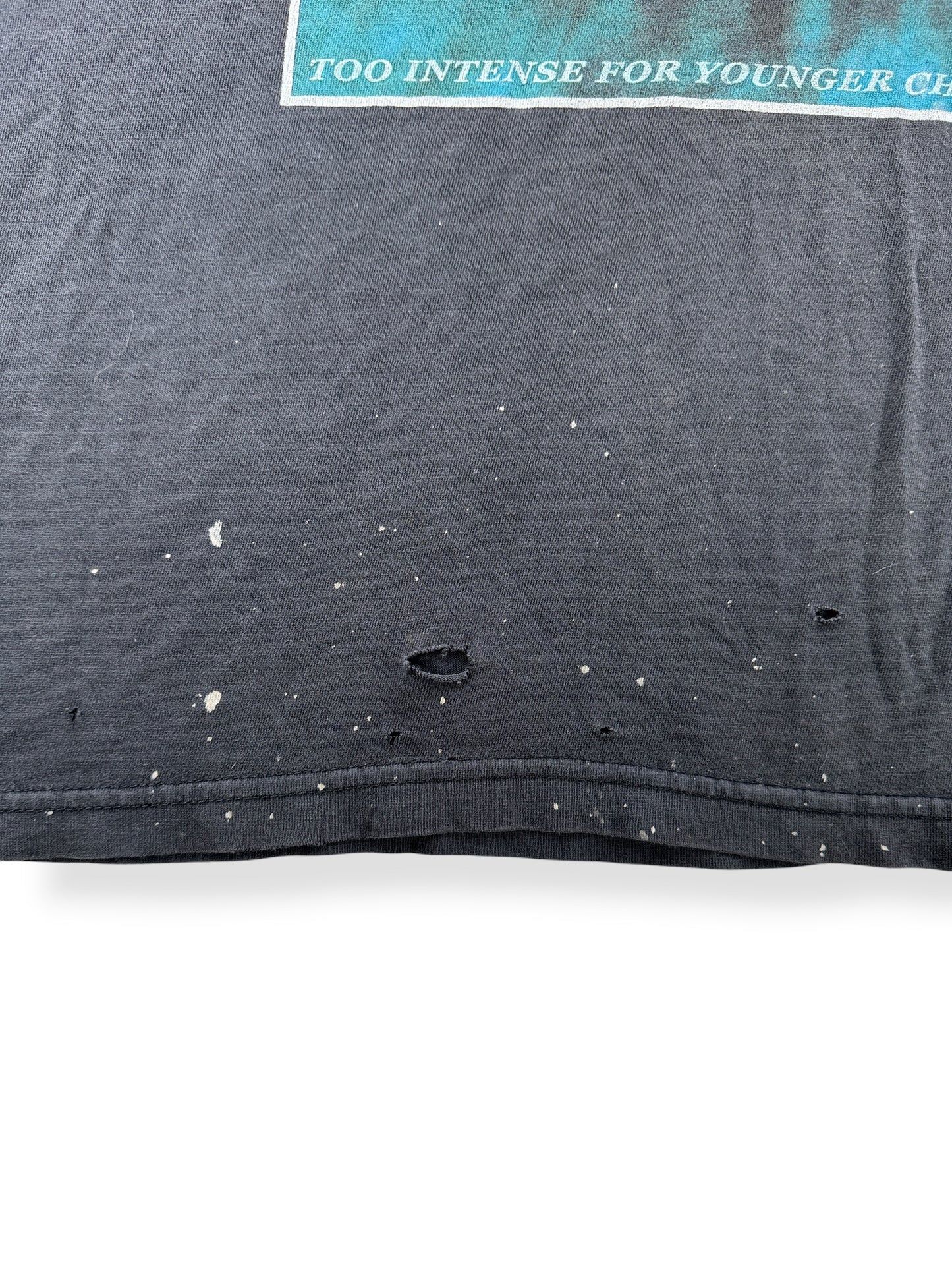 Holes and paint splatter on bottom of Vintage 2002 Distressed Ozzy Jaws Tee SZ L