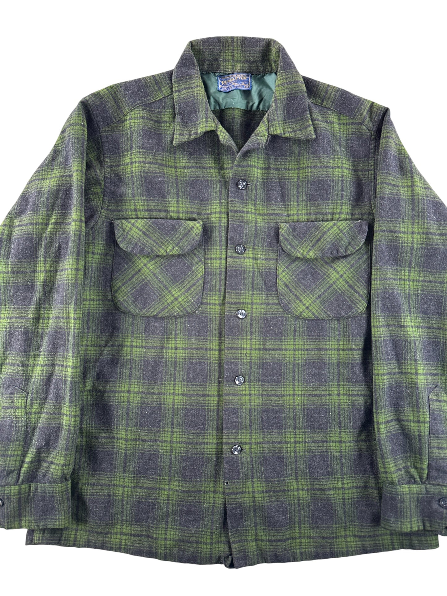 Front Close Up of Vintage Pendleton Green Shadow Plaid Board Shirt SZ M