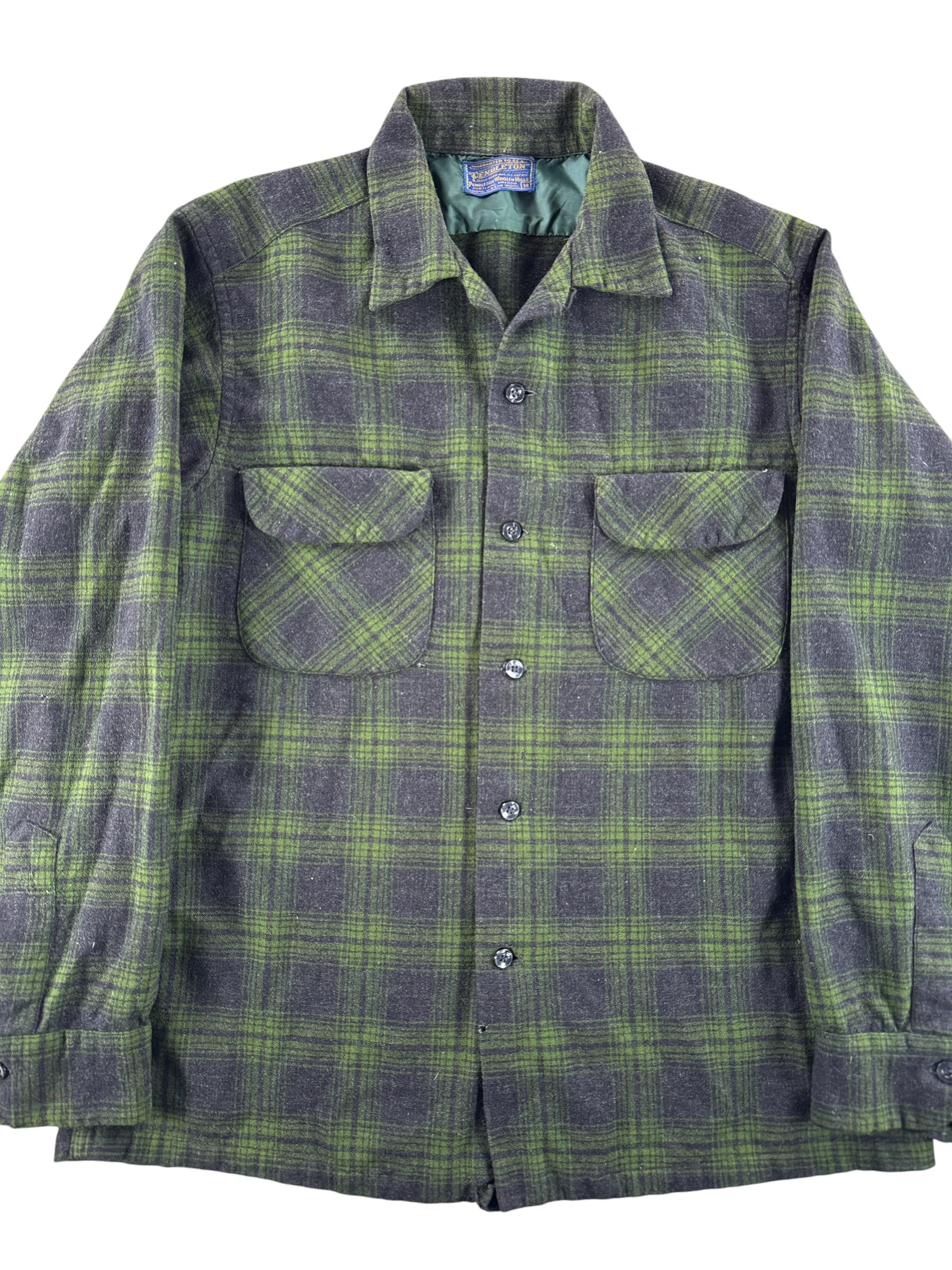 Front Close Up of Vintage Pendleton Green Shadow Plaid Board Shirt SZ M