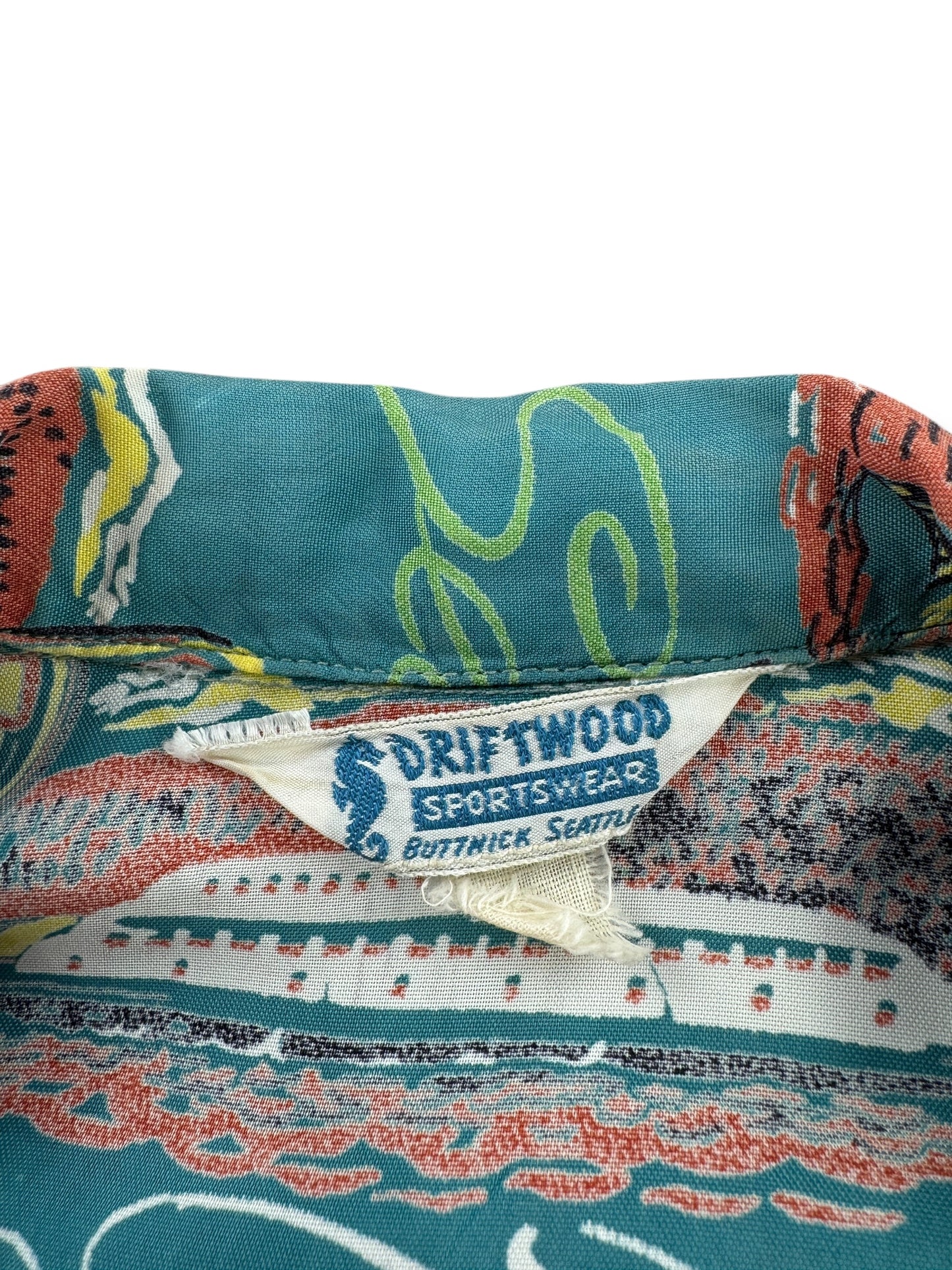 Tag on Vintage Blue Driftwood Seattle Centennial Aloha Shirt SZ M