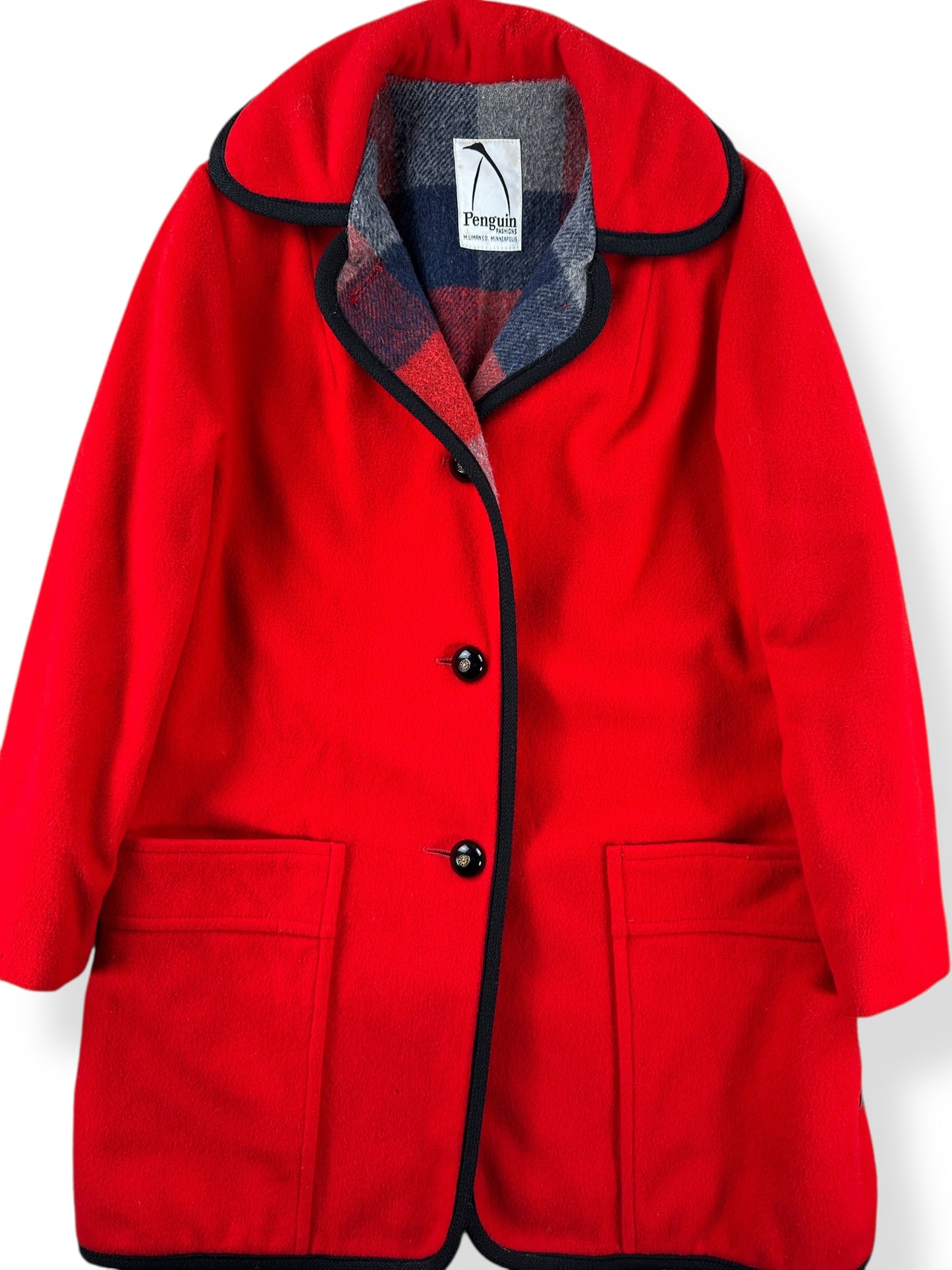 Front view of Vintage 80s Red Penguin Wool Coat SZ 10