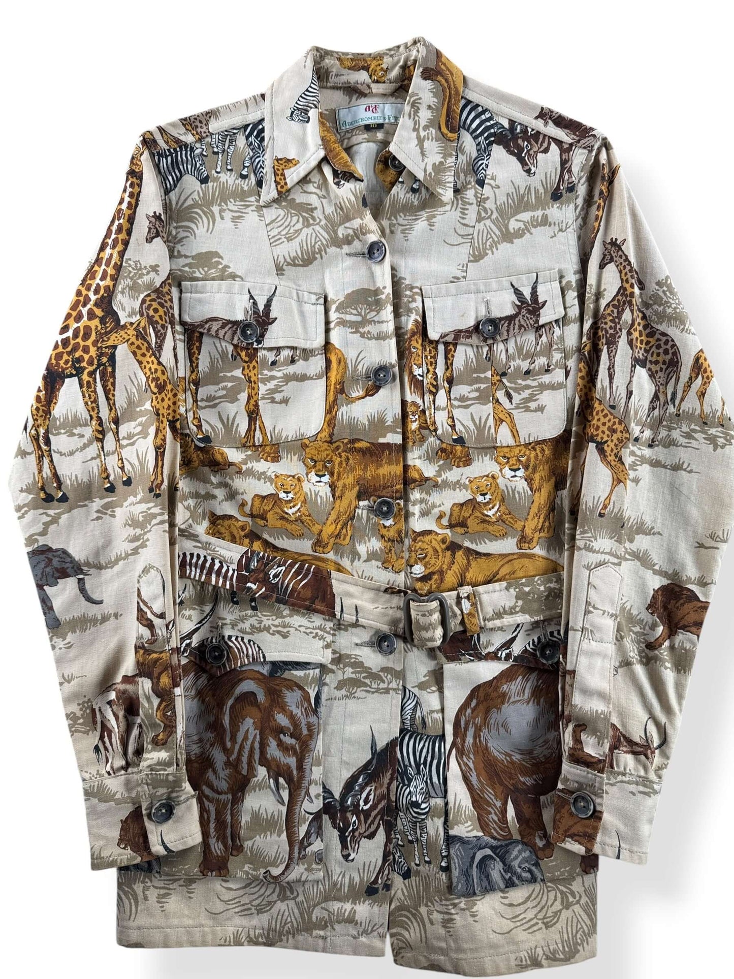 Front Close Up of Vintage 60s Abercrombie & Fitch Safari Animal Print Jacket SZ 10 (Fits XS/S)