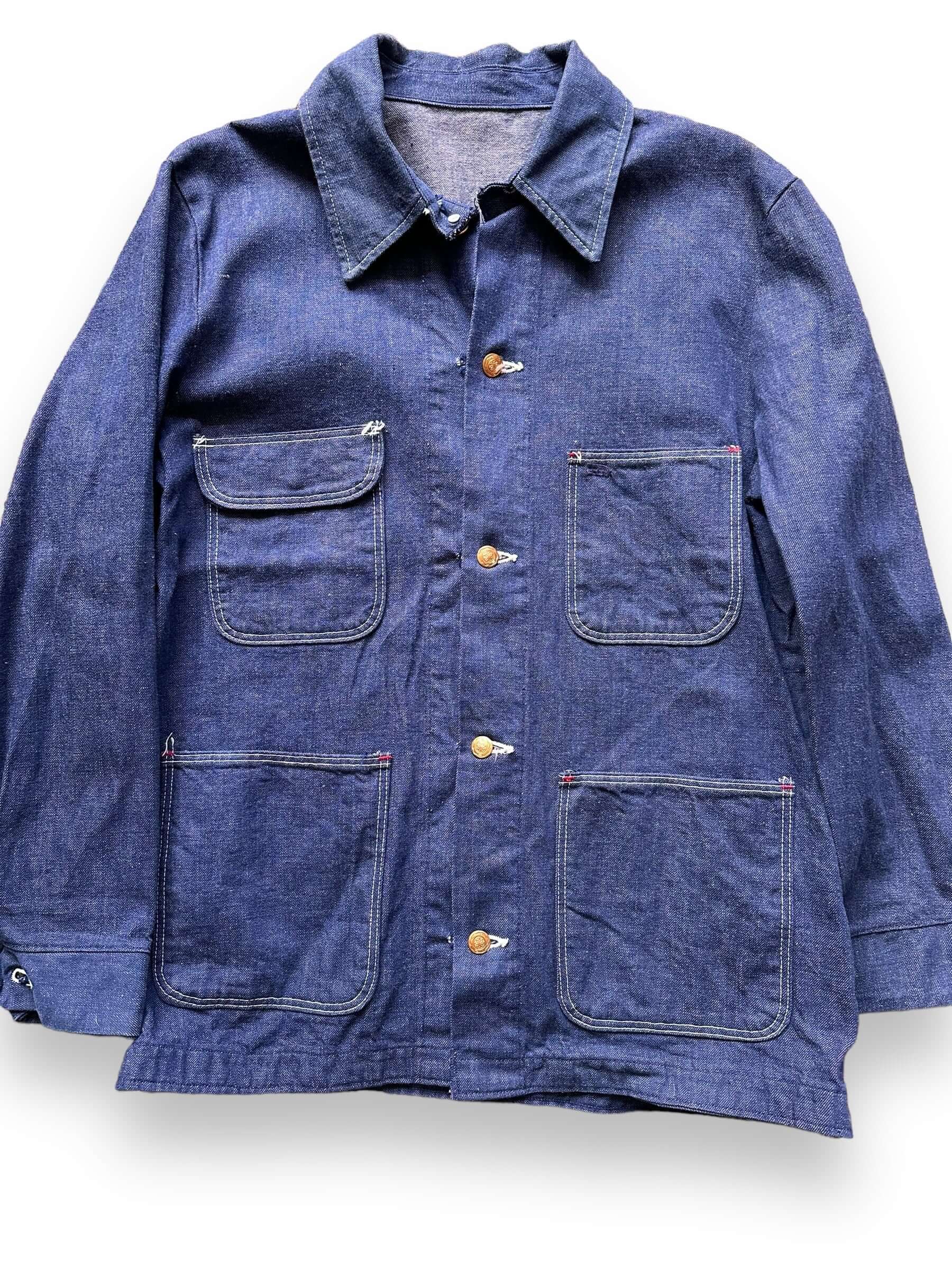 front close up of Vintage Wrangler Blue Bell Denim Chore Coat SZ 40 | Vintage Denim Chore Coat