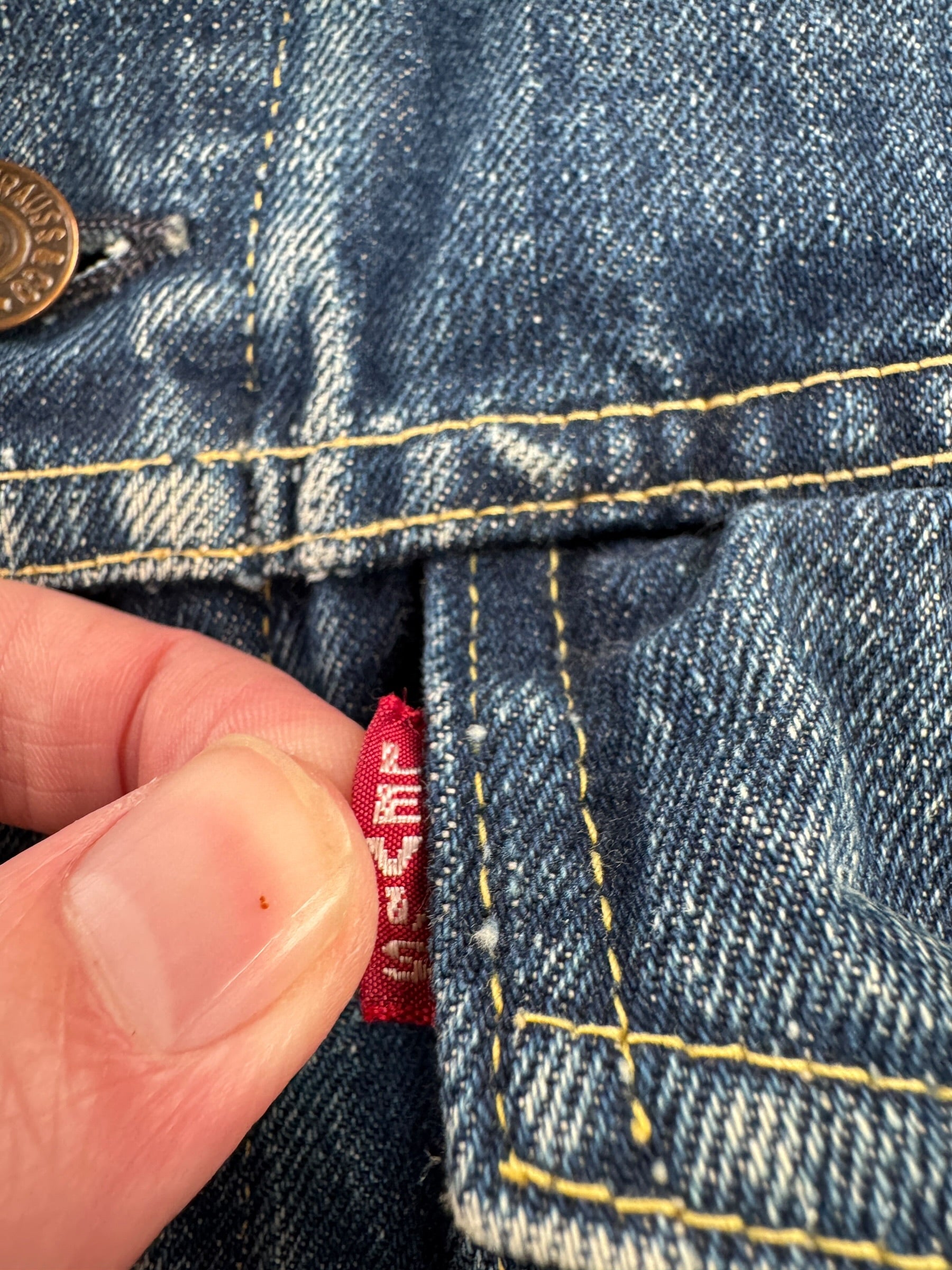 Big E on Vintage 1960s Era Levis Big E 557 Trucker Jacket SZ 40