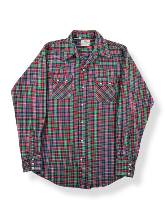 Front of Vintage Dee Cee Green & Red Plaid Pearlsnap SZ M