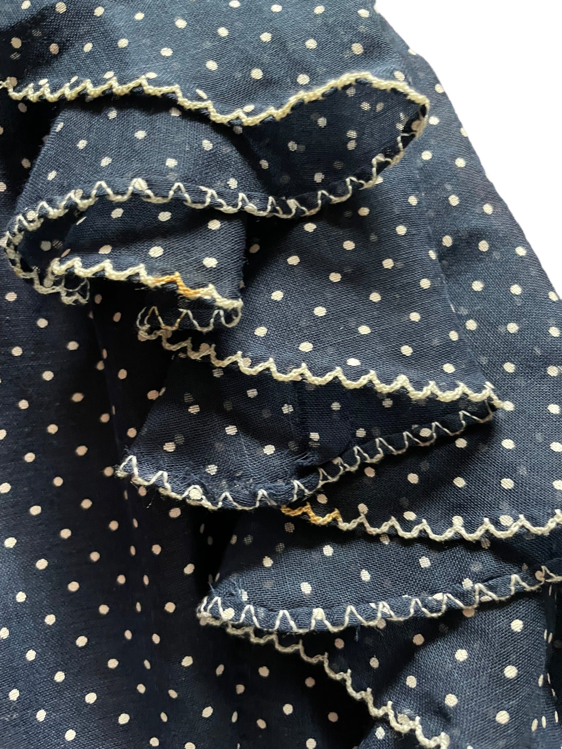 Spots on front ruffle Vintage 1970s Navy Blue Swiss Dot Maxi Dress SZ S |  Barn Owl Vintage Dresses | Seattle True Vintage