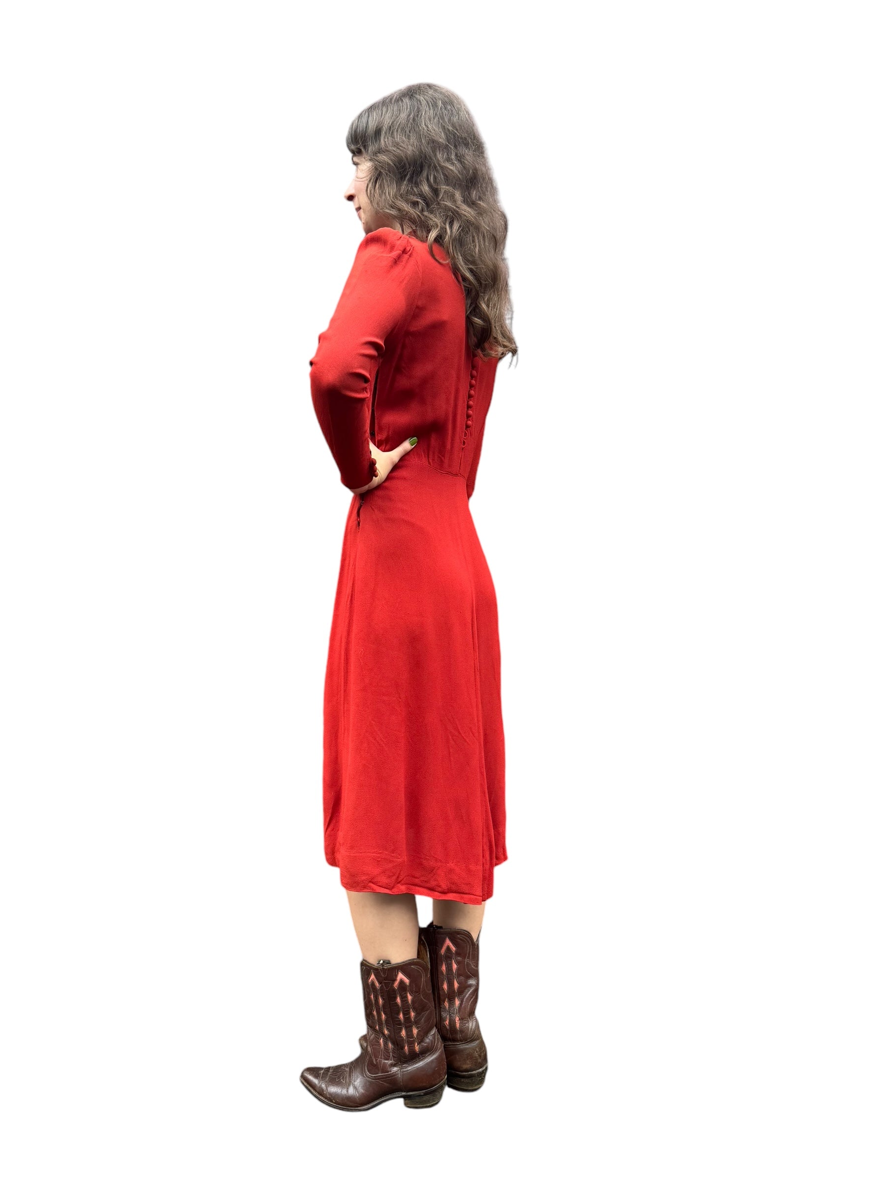 Side view of 1930s-40s Red Rayon Back button Dress S