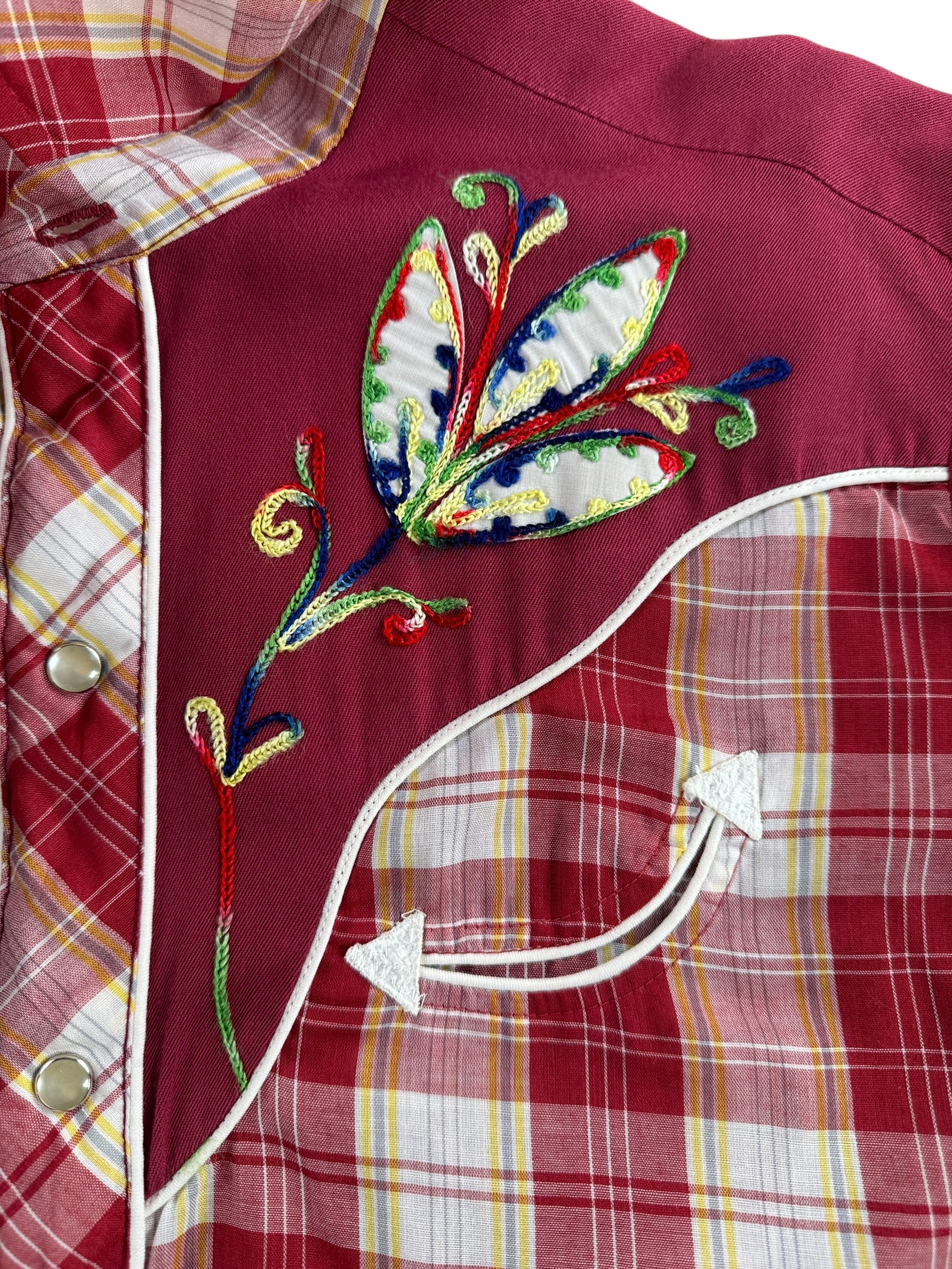 Embroidery on Vintage H Bar C Red Plaid Pearl Snap SZ L