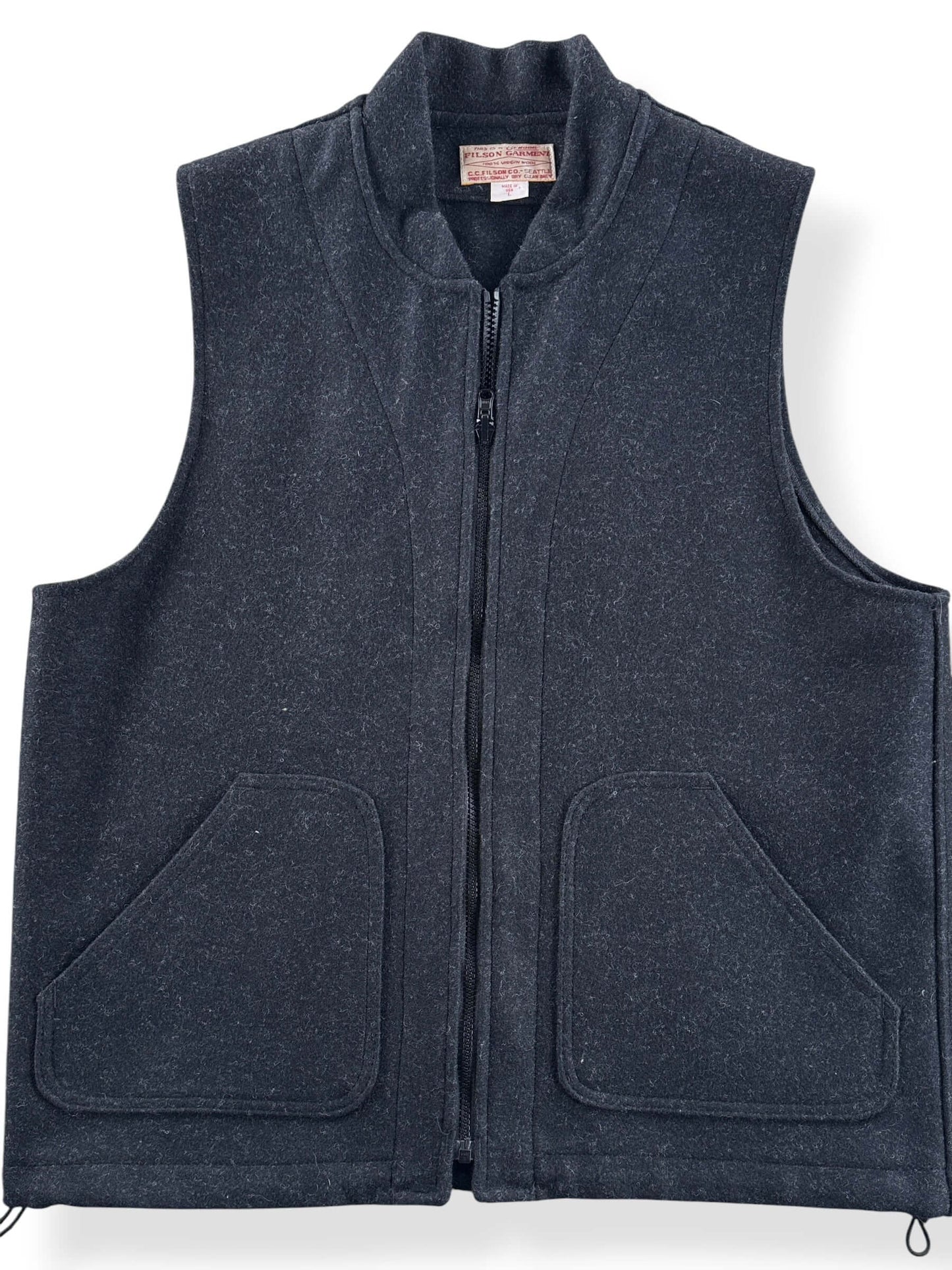 Front Close Up of Filson Wool Zip Vest SZ L