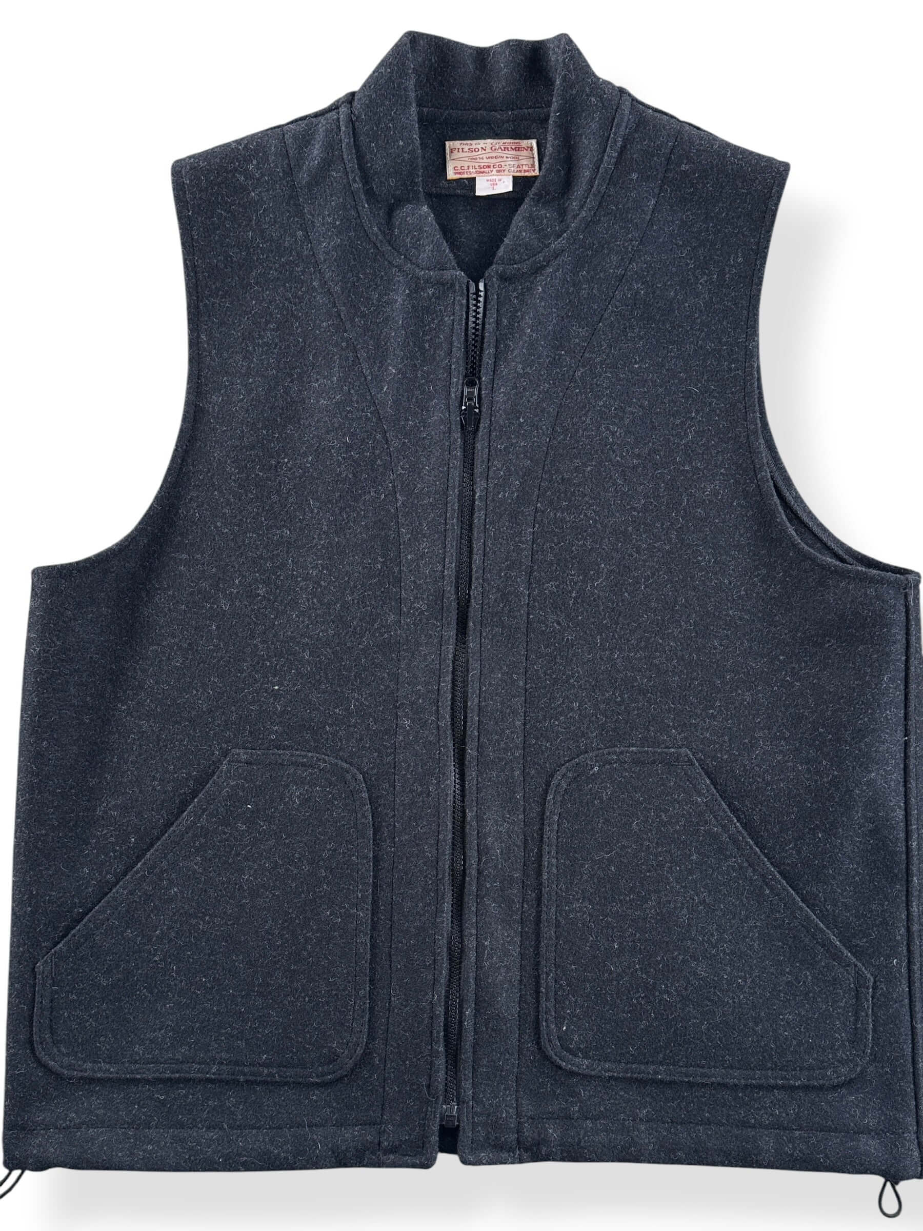 Front Close Up of Filson Wool Zip Vest SZ L
