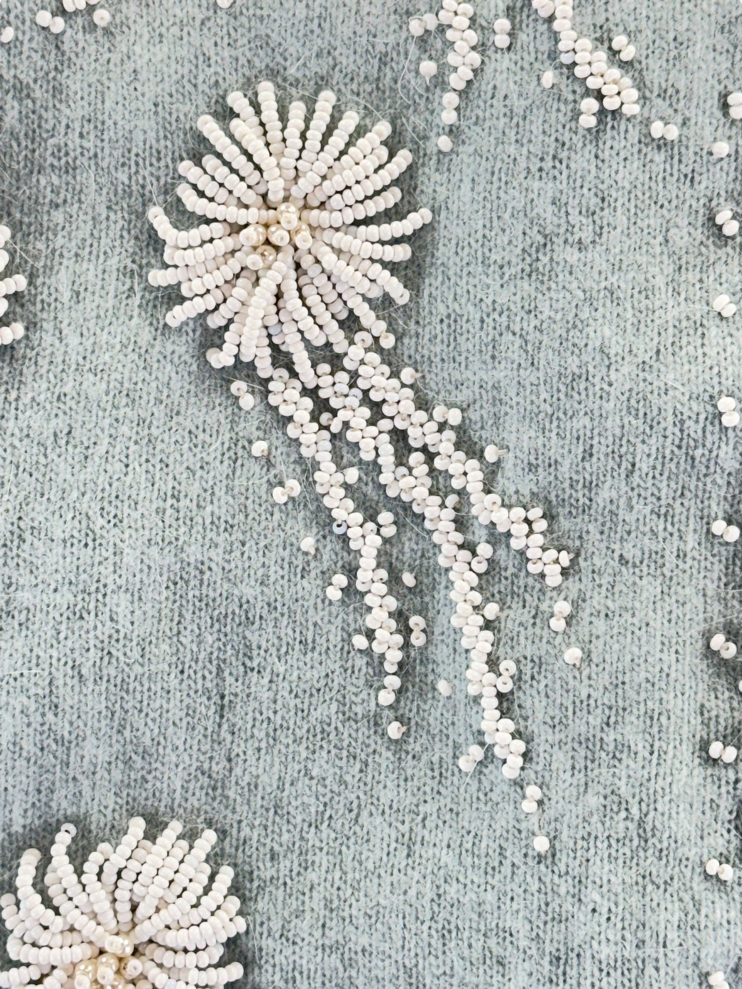 Close up detail 1950s Pale Blue Beaded Angora/Lamb's Wool Cardigan M