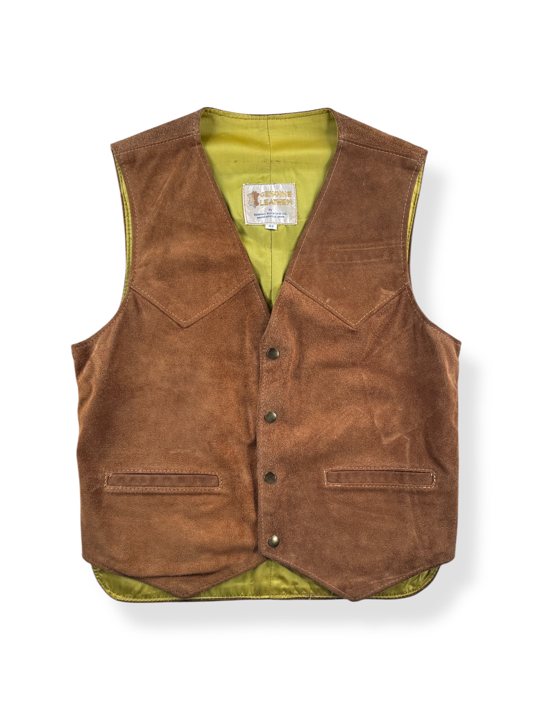 Front of Vintage Berman Buckskin Suede Vest SZ 42