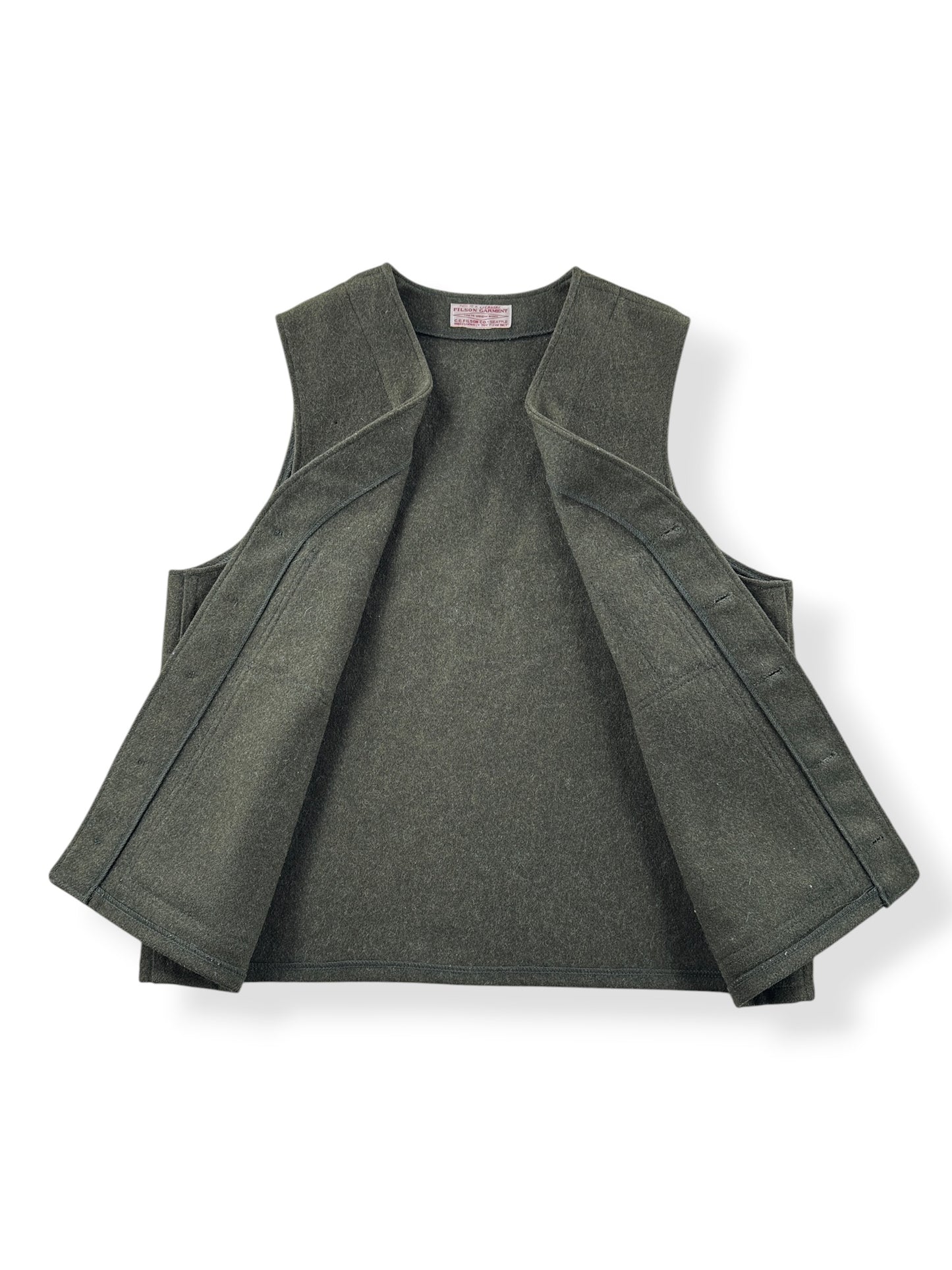 Inside of Vintage Filson Forest Green Mackinaw Wool Vest SZ 42